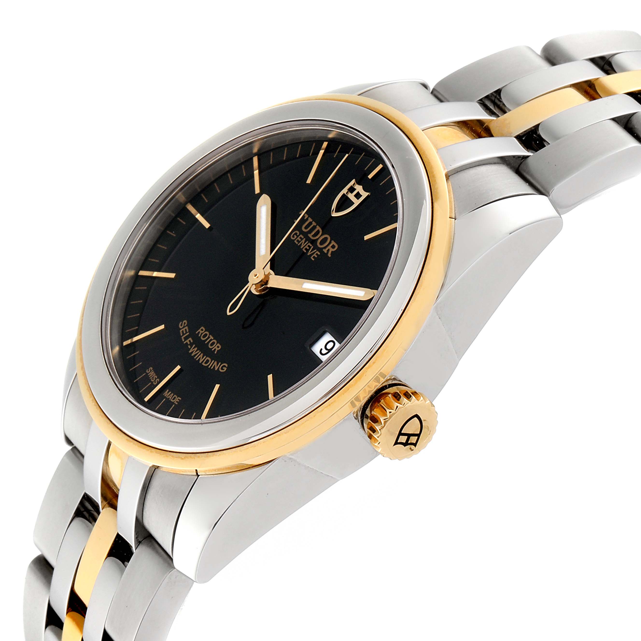 The image shows the Tudor Glamour 55003-0007 Men's Steel and Gold (two tone) Black Dial 55003-0007 Men's Steel and Gold (two tone) Black Dial watch from a side angle, highlighting the face, crown, and part of the bracelet.