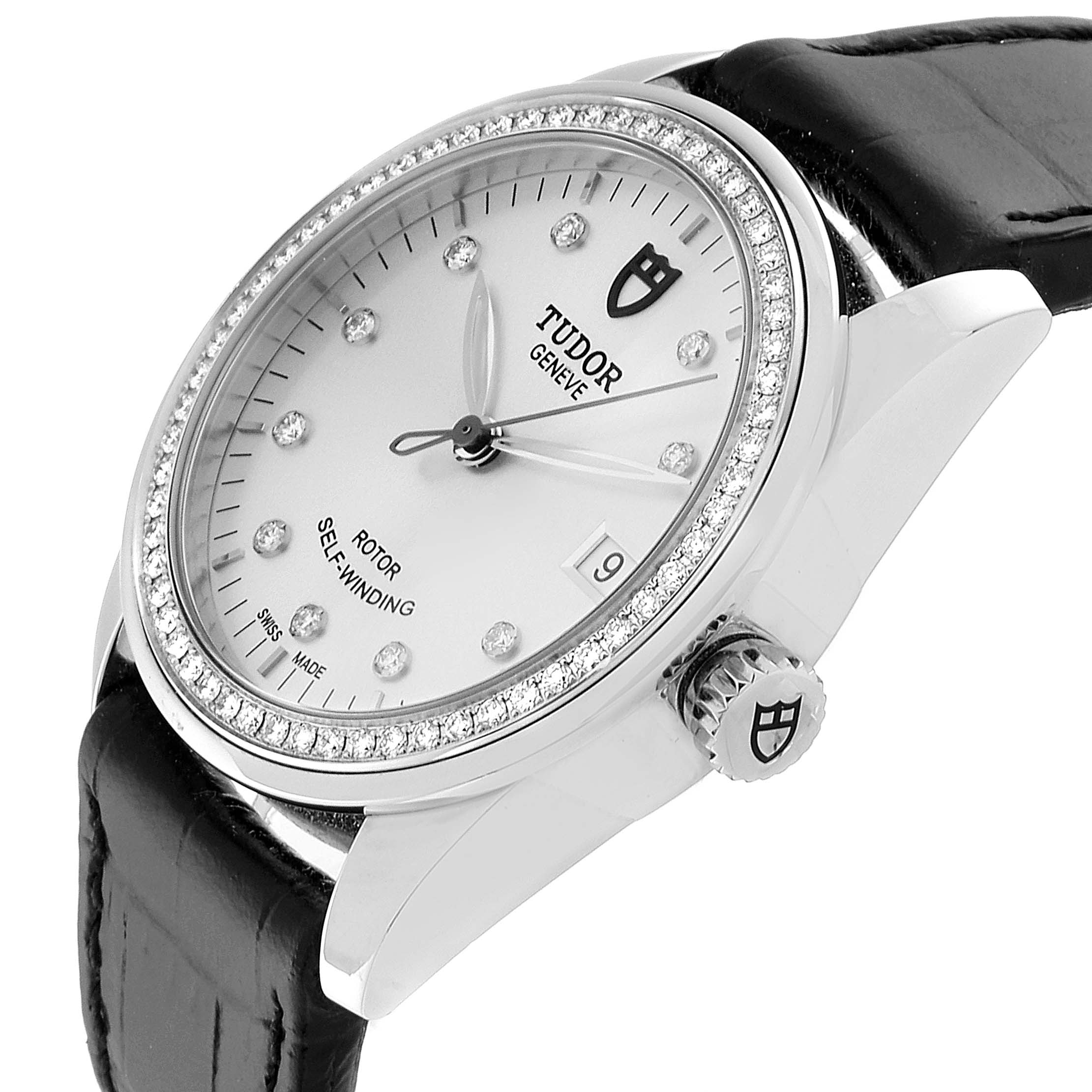 The image shows a Tudor Glamour M55020-0057 Men's Stainless Steel Silver Dial M55020-0057 Men's Stainless Steel Silver Dial model watch from a three-quarter angle, highlighting the face, bezel, crown, and part of the strap.