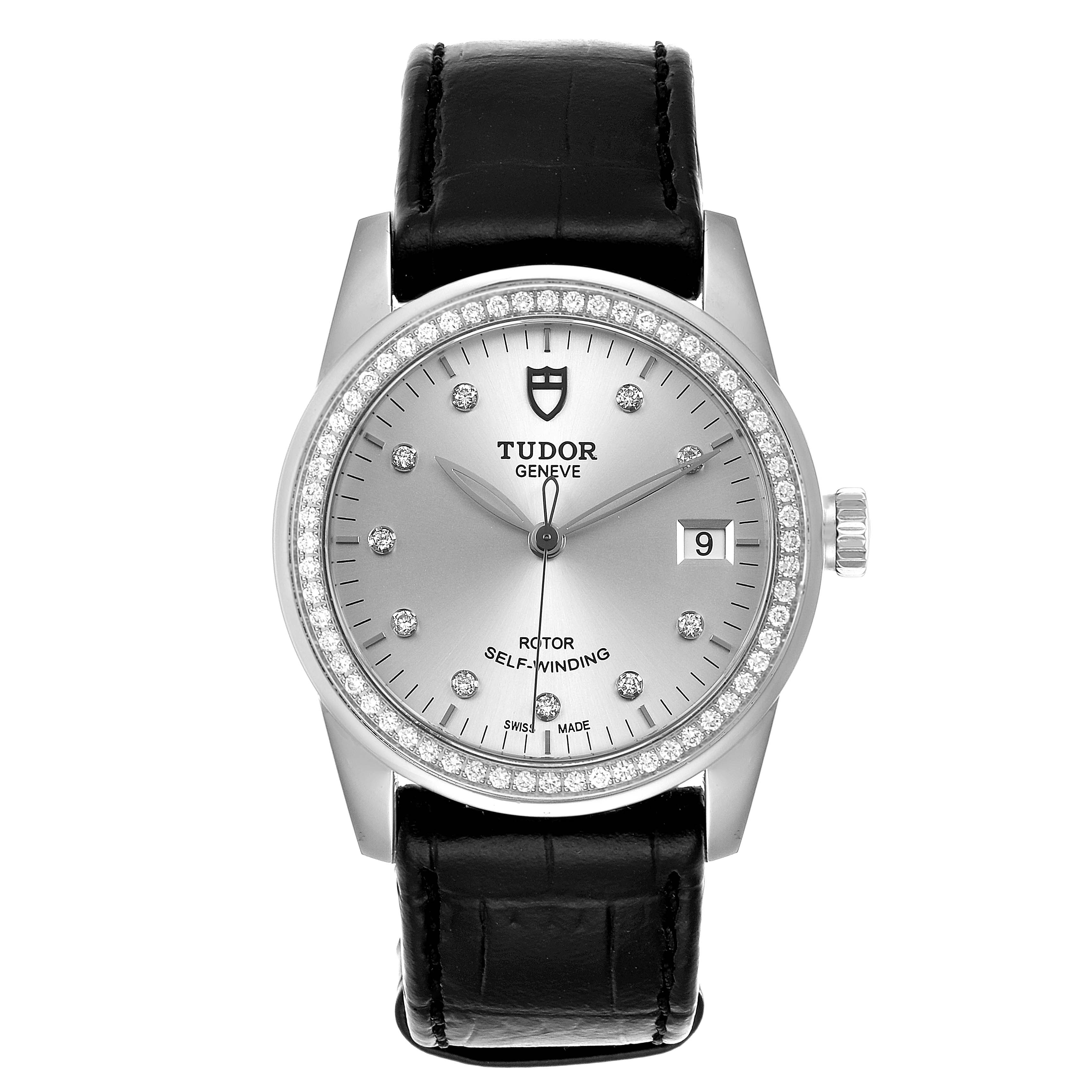 This image shows a front view of the Tudor Glamour M55020-0057 Men's Stainless Steel Silver Dial M55020-0057 Men's Stainless Steel Silver Dial model watch, featuring its dial, bezel, crown, and leather strap.