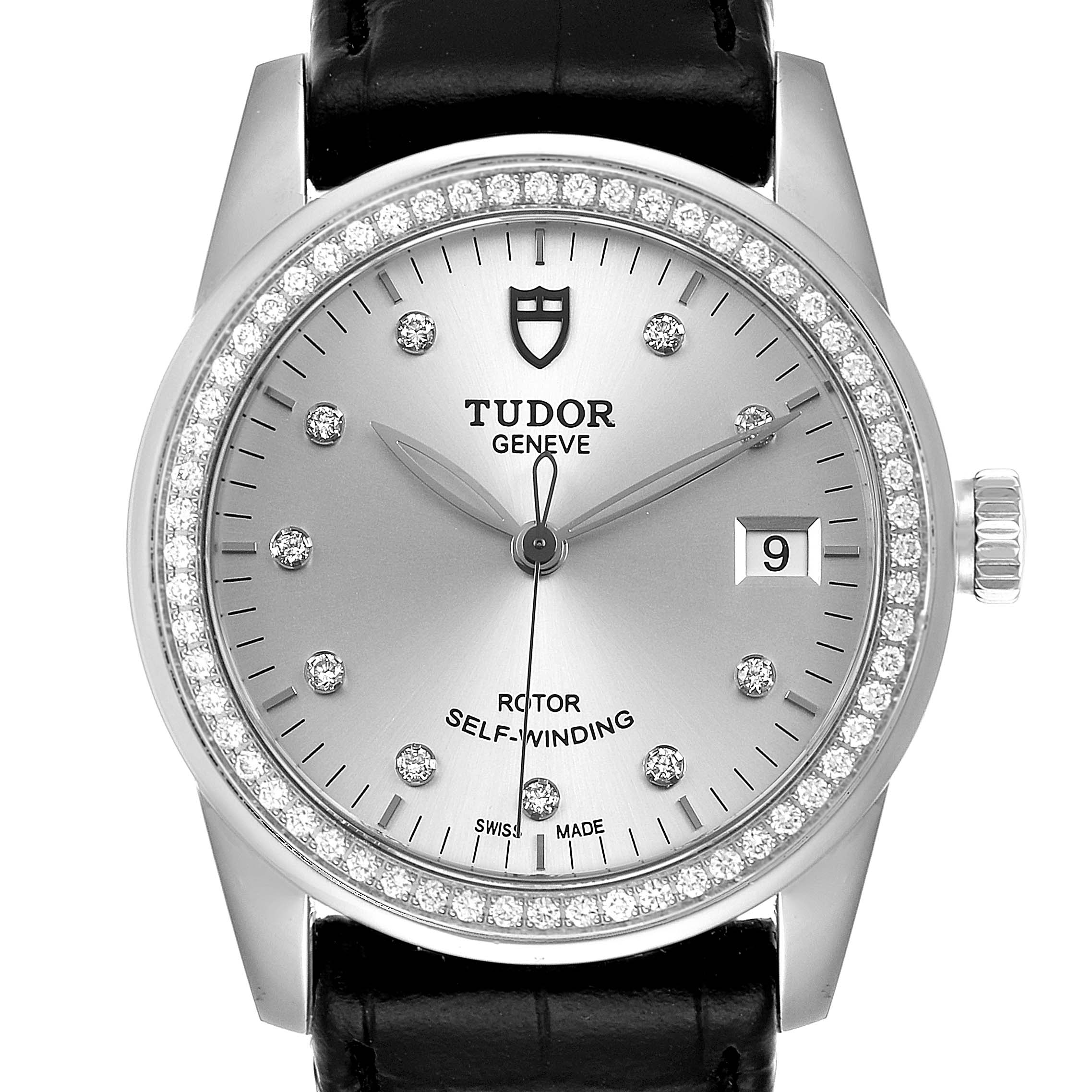 The image shows the front view of a Tudor Glamour M55020-0057 Men's Stainless Steel Silver Dial M55020-0057 Men's Stainless Steel Silver Dial watch, highlighting its dial, bezel, hands, and crown.