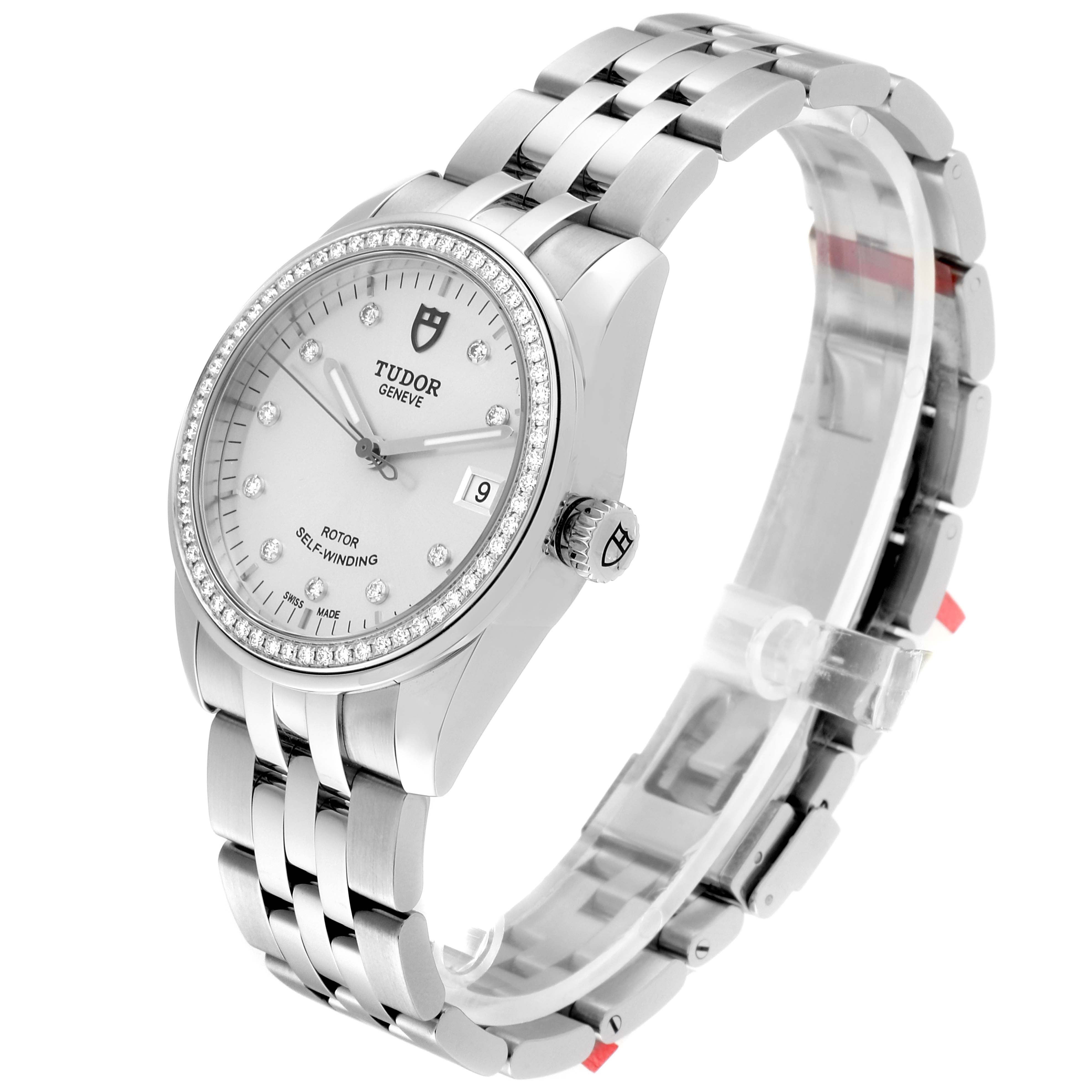 The Tudor Glamour M55020-0003 Men
s Stainless Steel Silver Dial M55020-0003 Men
s Stainless Steel Silver Dial watch is shown at a three-quarter angle, displaying the face, bezel, crown, and strap.