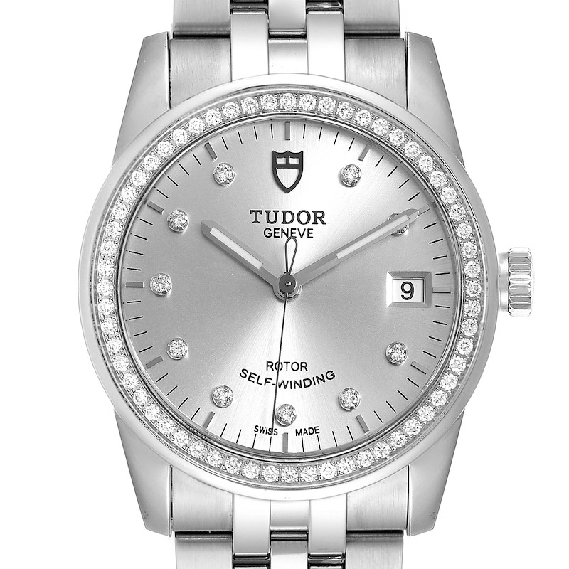 Tudor Glamour Date Silver Dial Diamond Steel Mens Watch M55020 Unworn SwissWatchExpo