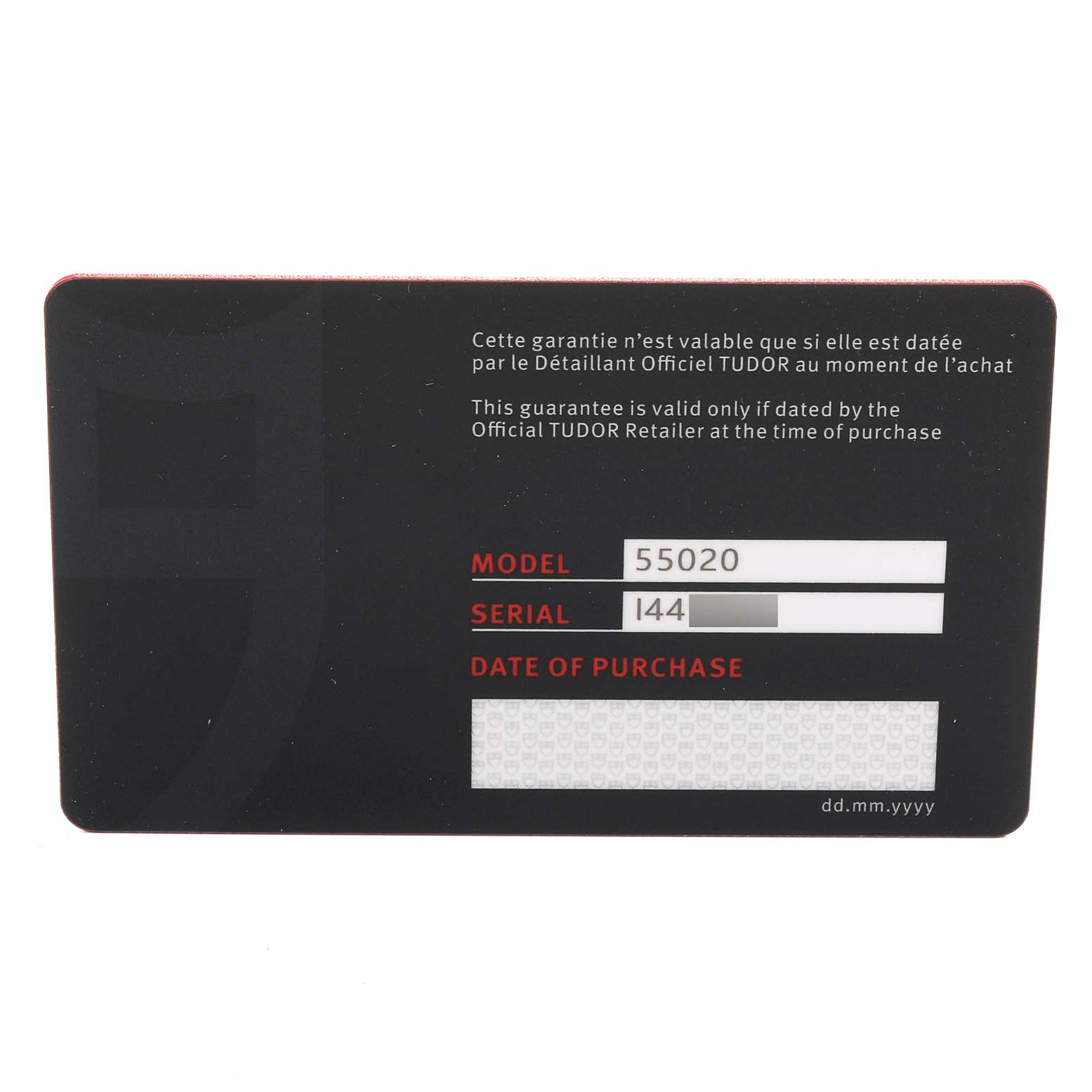 The image shows the warranty card for a Tudor Glamour M55020-0003 Men
s Stainless Steel Silver Dial M55020-0003 Men
s Stainless Steel Silver Dial model watch, displaying the model, serial number, and date of purchase sections.