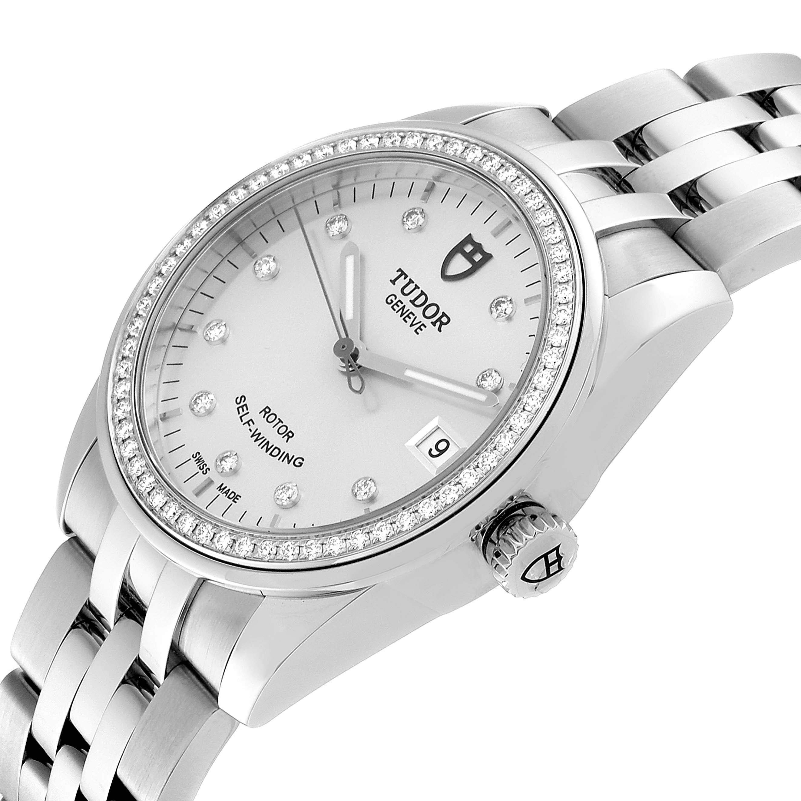 The image shows a close-up side angle of the Tudor Glamour M55020-0003 Men
s Stainless Steel Silver Dial M55020-0003 Men
s Stainless Steel Silver Dial watch with its bracelet, dial, and crown visible.