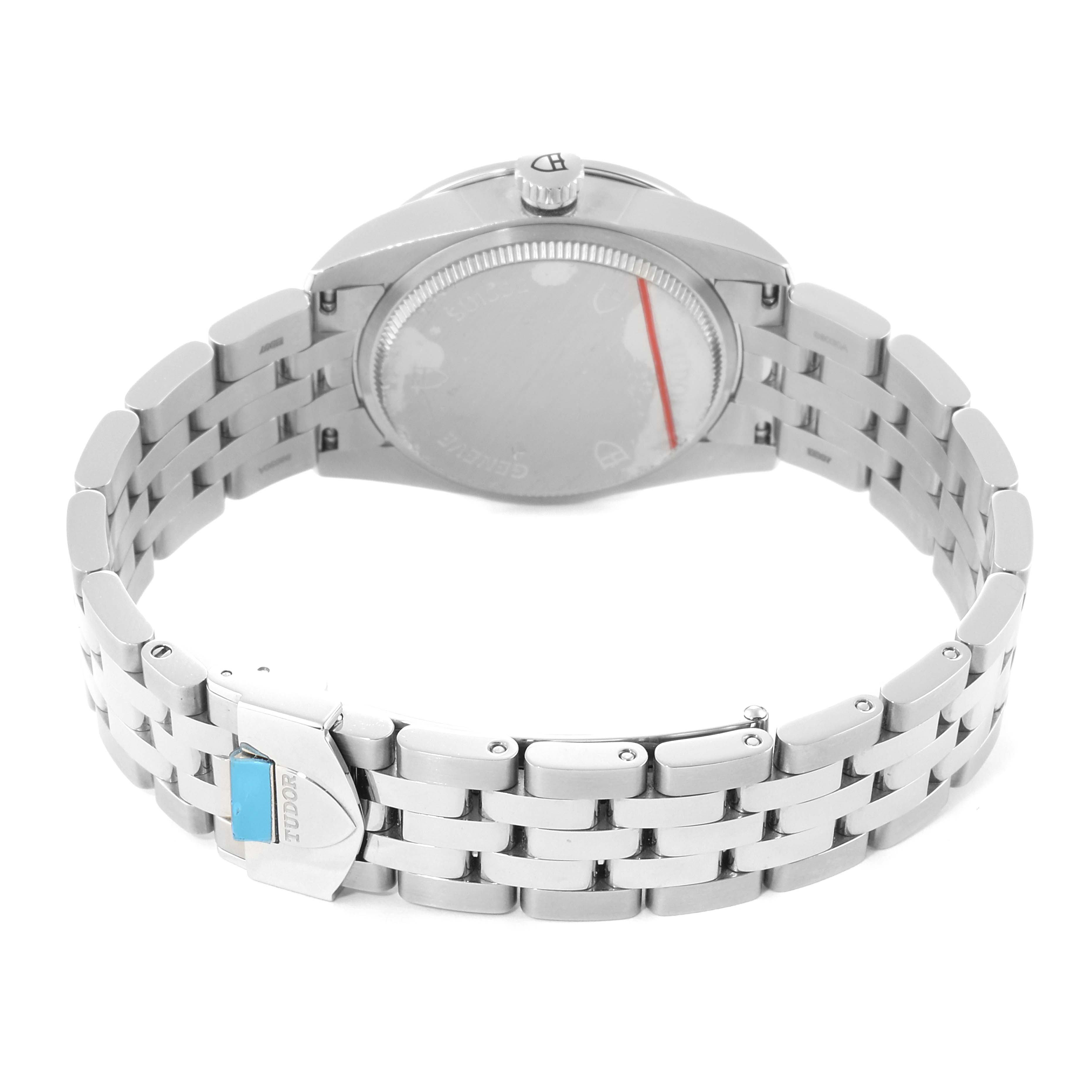 The image shows the back and bracelet of a Tudor Glamour M53020-0074 Women's Stainless Steel White Dial M53020-0074 Women's Stainless Steel White Dial model watch, highlighting the clasp and case back.