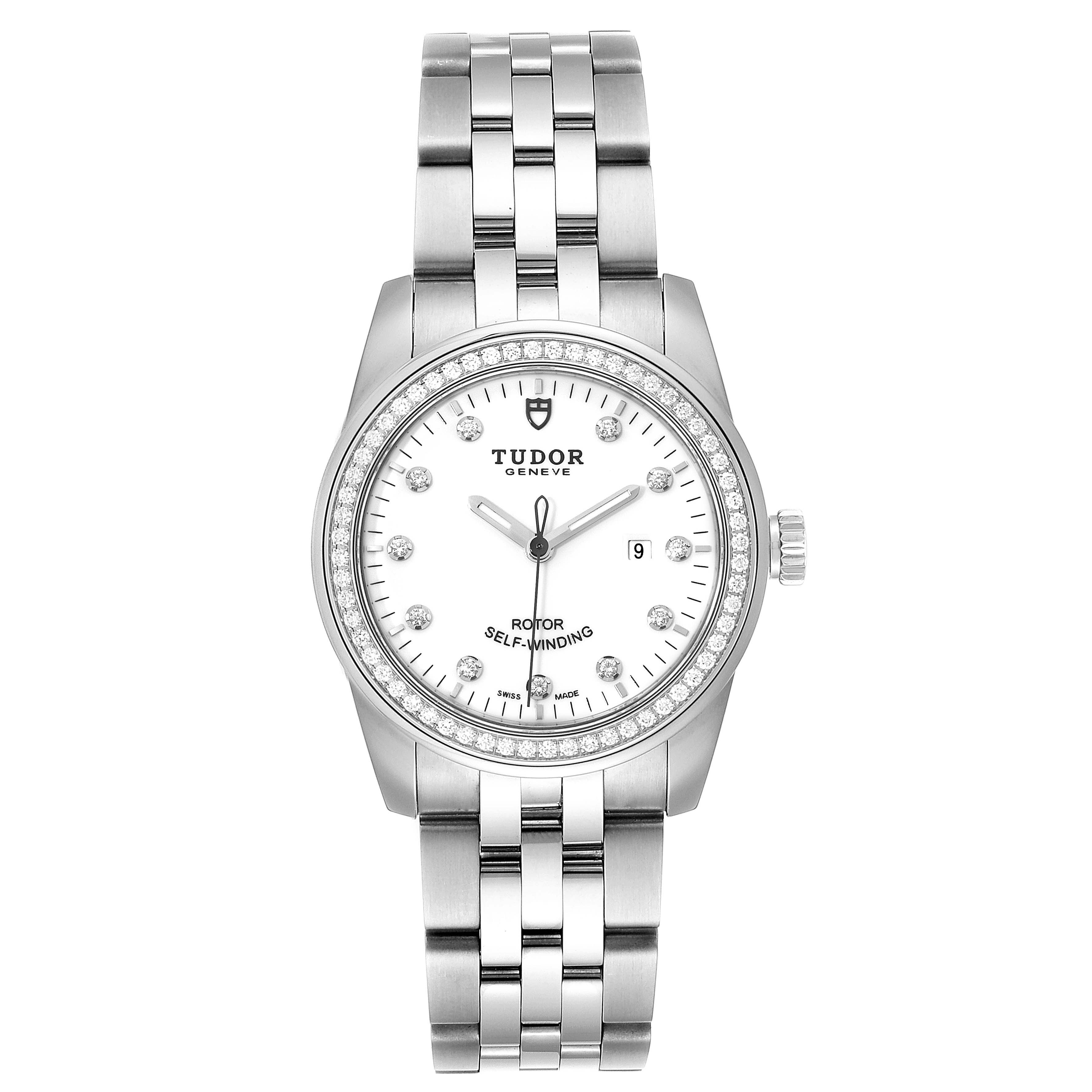 The image shows a frontal view of the Tudor Glamour M53020-0074 Women's Stainless Steel White Dial M53020-0074 Women's Stainless Steel White Dial model watch, featuring its bracelet, dial, hands, and crown.