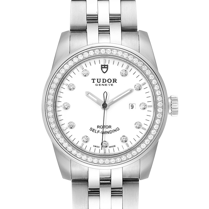Tudor Glamour Date White Dial Diamond Steel Ladies Watch M53020 Unworn SwissWatchExpo