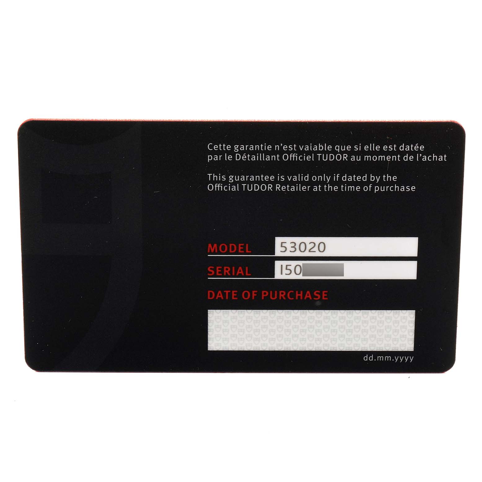 This is a guarantee card for the Tudor Glamour M53020-0074 Women's Stainless Steel White Dial M53020-0074 Women's Stainless Steel White Dial model watch, displaying the model and serial numbers.