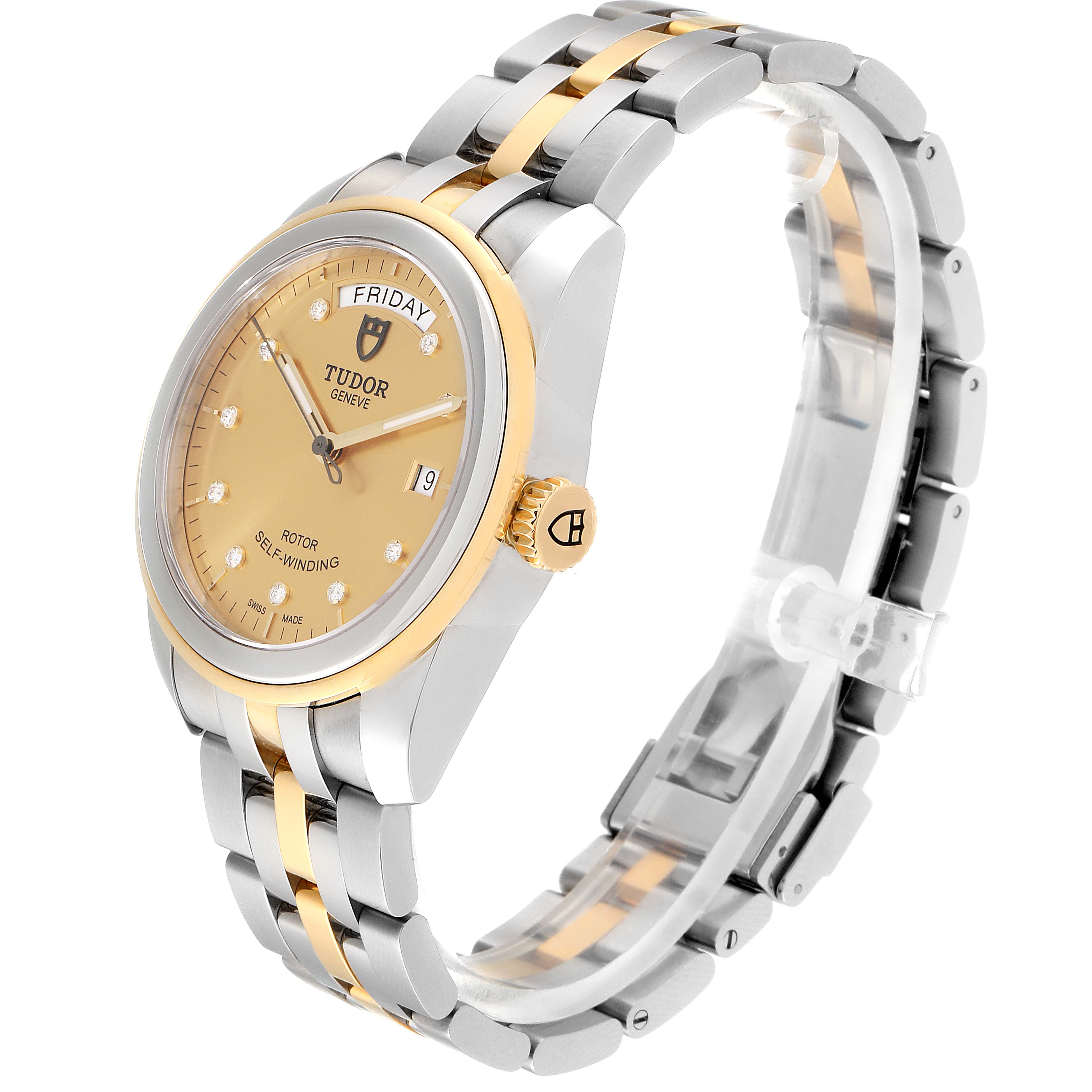 The Tudor Glamour 56003-0006 Men's Steel and Gold (two tone) Champagne Dial 56003-0006 Men's Steel and Gold (two tone) Champagne Dial model watch is shown at a three-quarter angle, highlighting the face, bezel, crown, and bracelet.