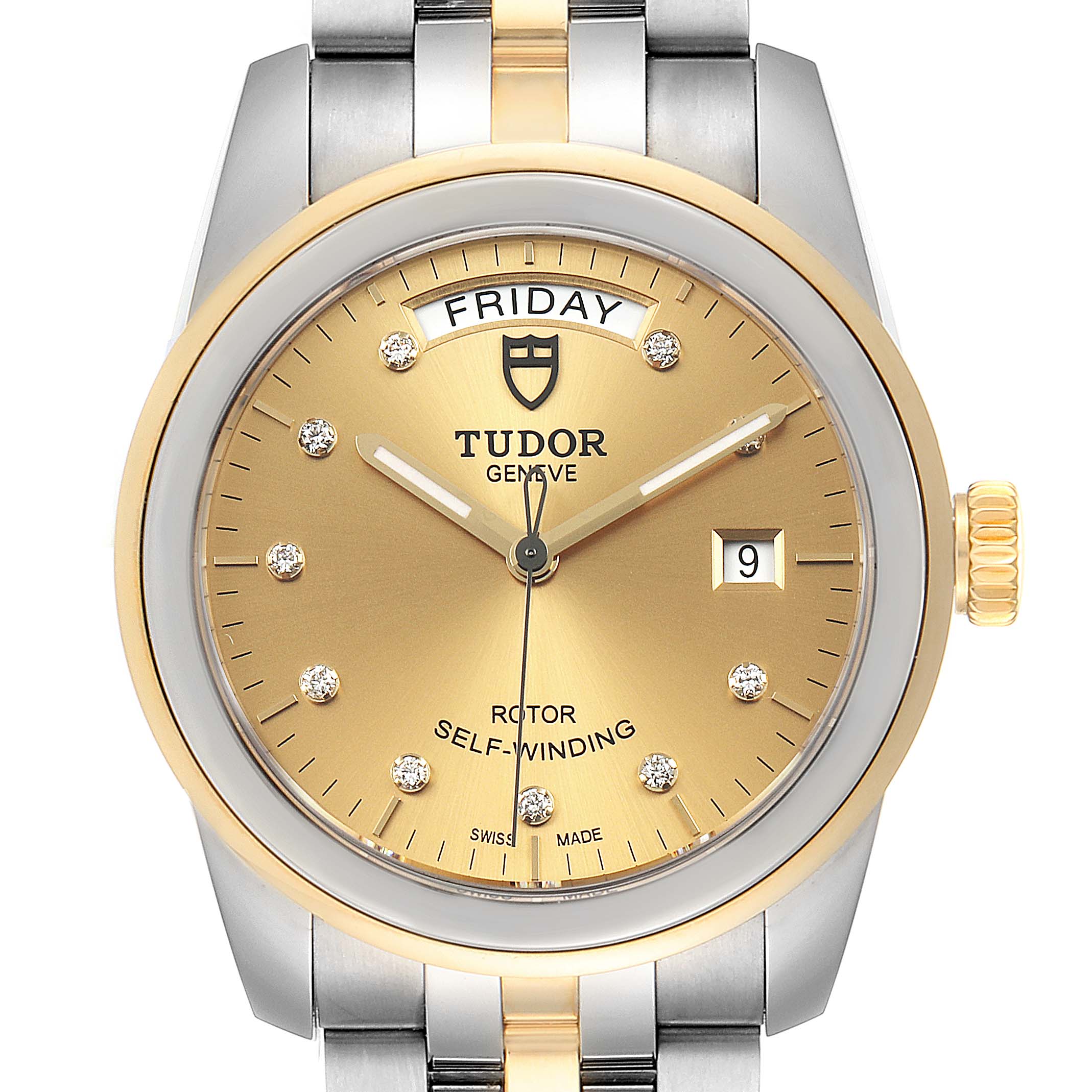 The image shows a frontal view of a Tudor Glamour 56003-0006 Men's Steel and Gold (two tone) Champagne Dial 56003-0006 Men's Steel and Gold (two tone) Champagne Dial model watch, displaying its gold dial, date window, and two-tone bracelet.