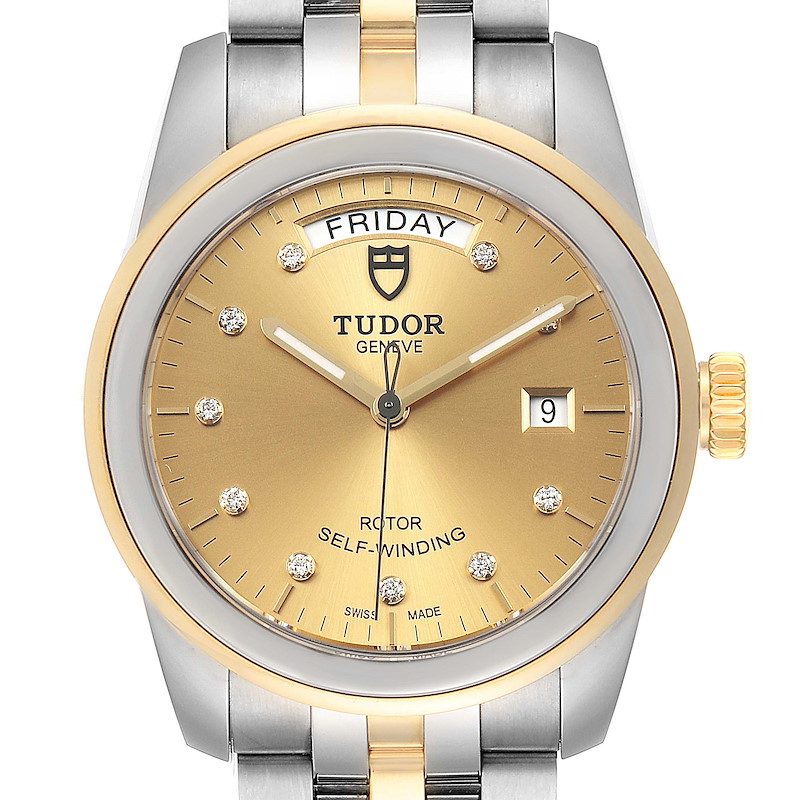 Tudor Glamour Day Date Steel Yellow Gold Diamond Mens Watch 56003 Unworn SwissWatchExpo
