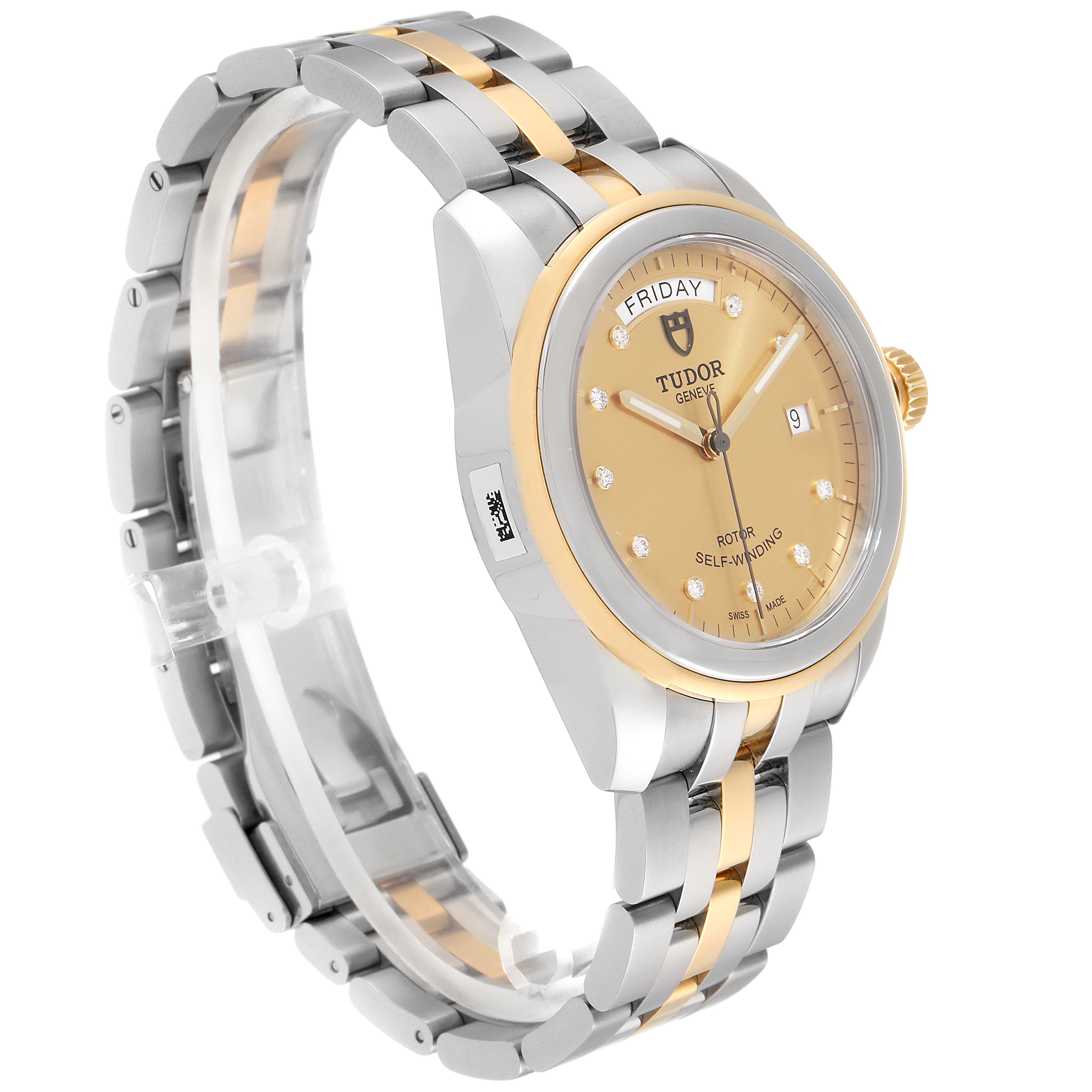 The image shows a Tudor Glamour 56003-0006 Men's Steel and Gold (two tone) Champagne Dial 56003-0006 Men's Steel and Gold (two tone) Champagne Dial model watch from an angled side view, highlighting the face, bezel, and two-tone bracelet.
