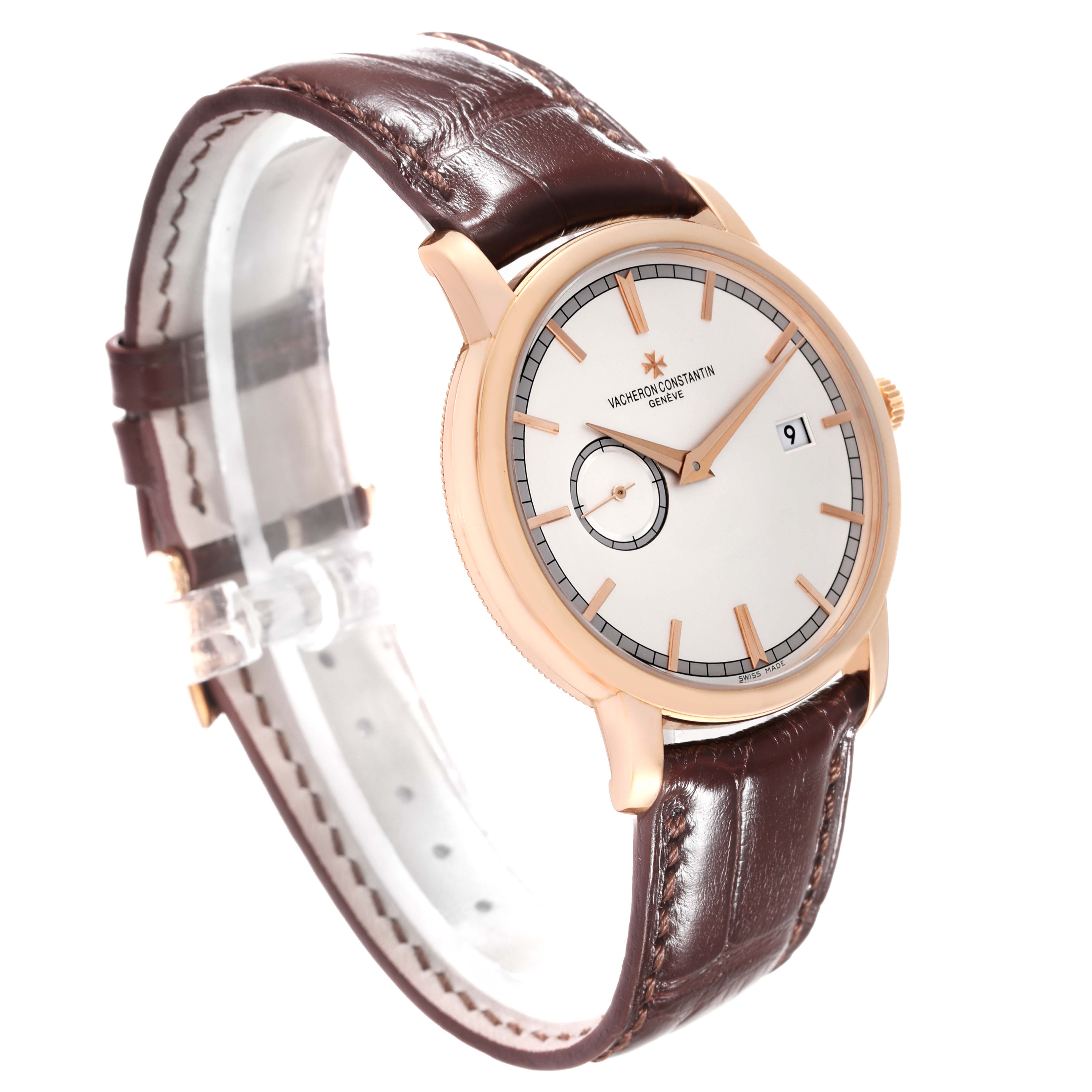 The Vacheron Constantin Traditionnelle 87172/000R-9302 Men's Rose Gold Silver Dial 87172/000R-9302 Men's Rose Gold Silver Dial watch is shown at a slight angle, displaying the face, strap, and buckle.