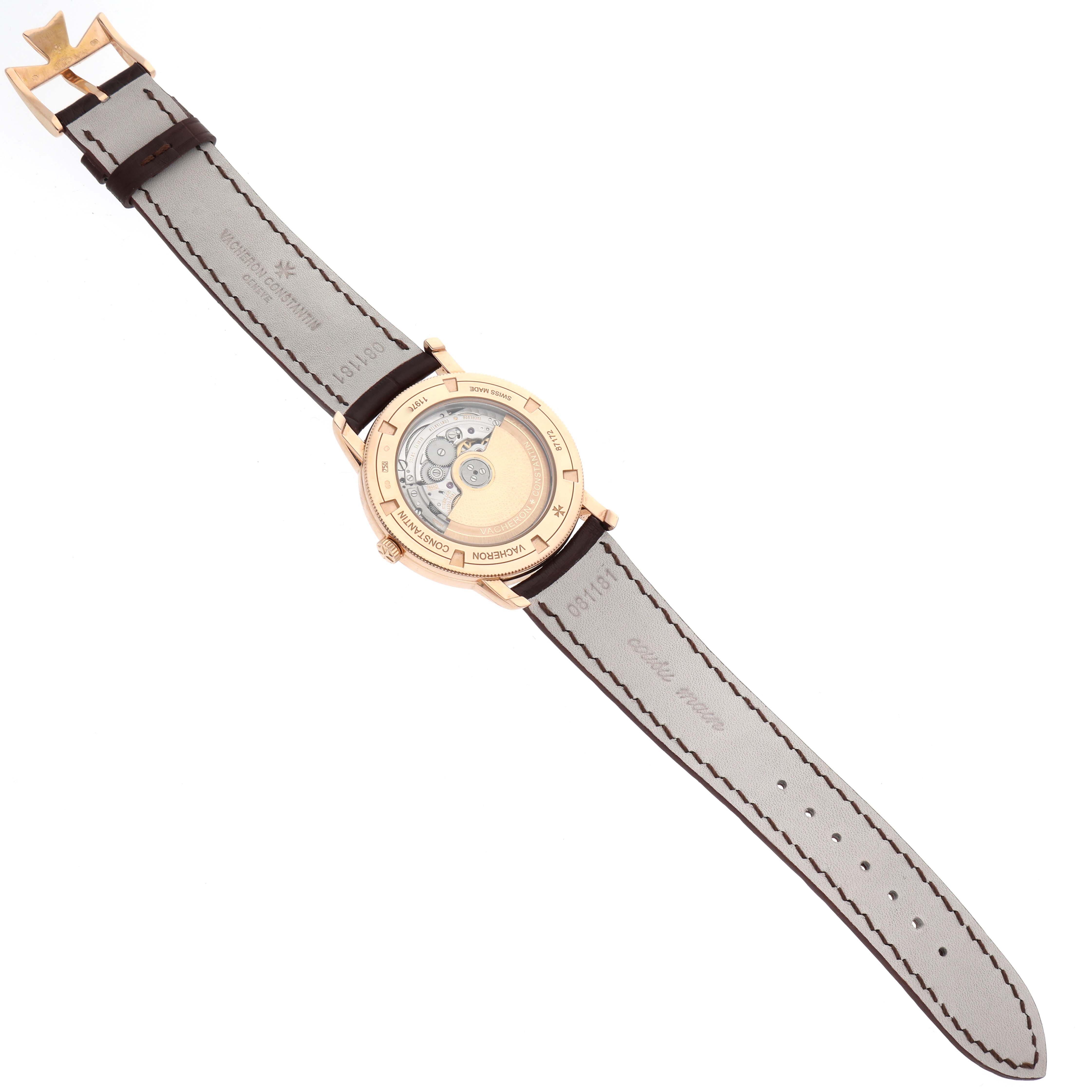 The image shows the back view of a Vacheron Constantin Traditionnelle 87172/000R-9302 Men's Rose Gold Silver Dial 87172/000R-9302 Men's Rose Gold Silver Dial watch, displaying its mechanical movement and leather strap.
