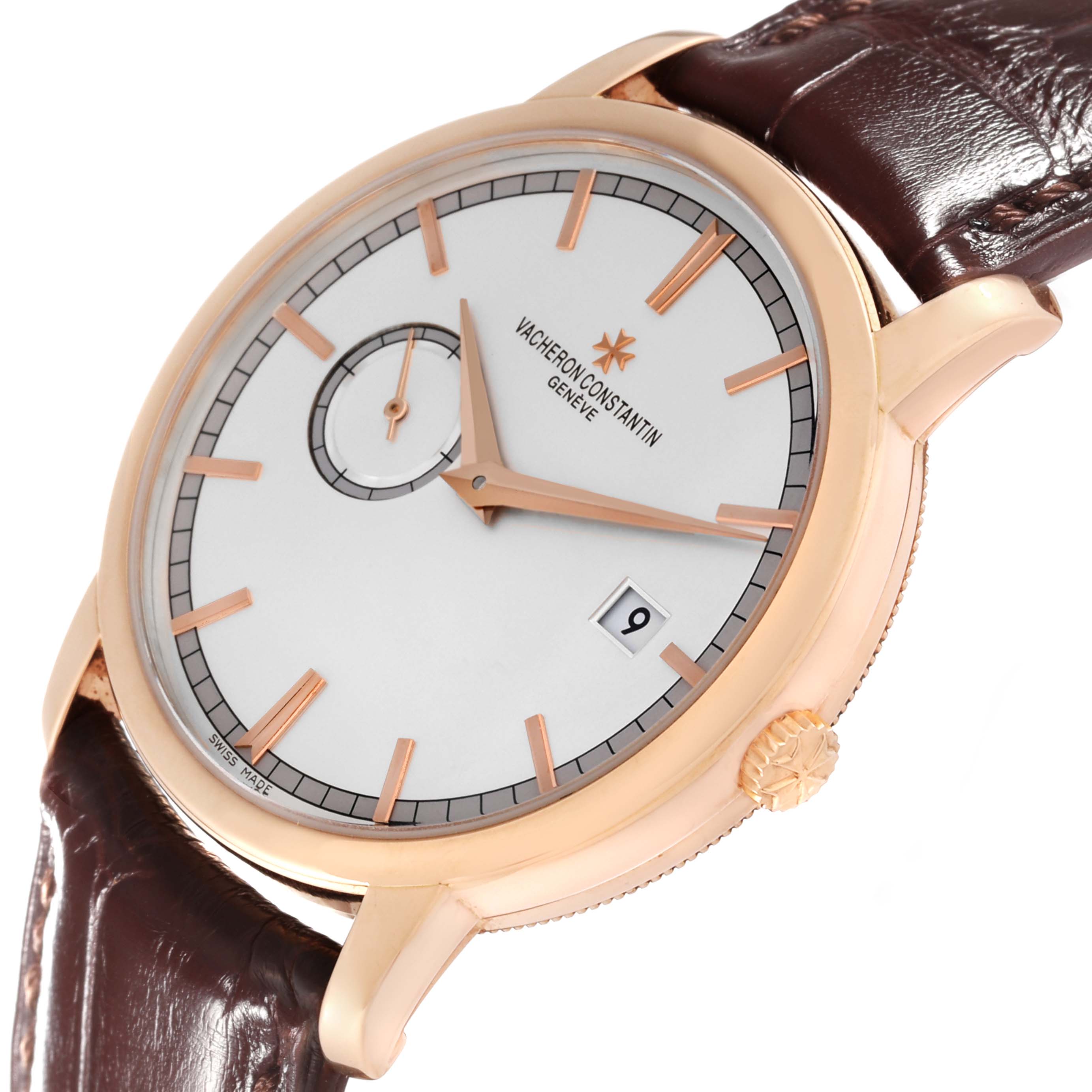 The Vacheron Constantin Traditionnelle 87172/000R-9302 Men's Rose Gold Silver Dial 87172/000R-9302 Men's Rose Gold Silver Dial watch is shown at an angled close-up, highlighting the face, crown, and part of the strap.