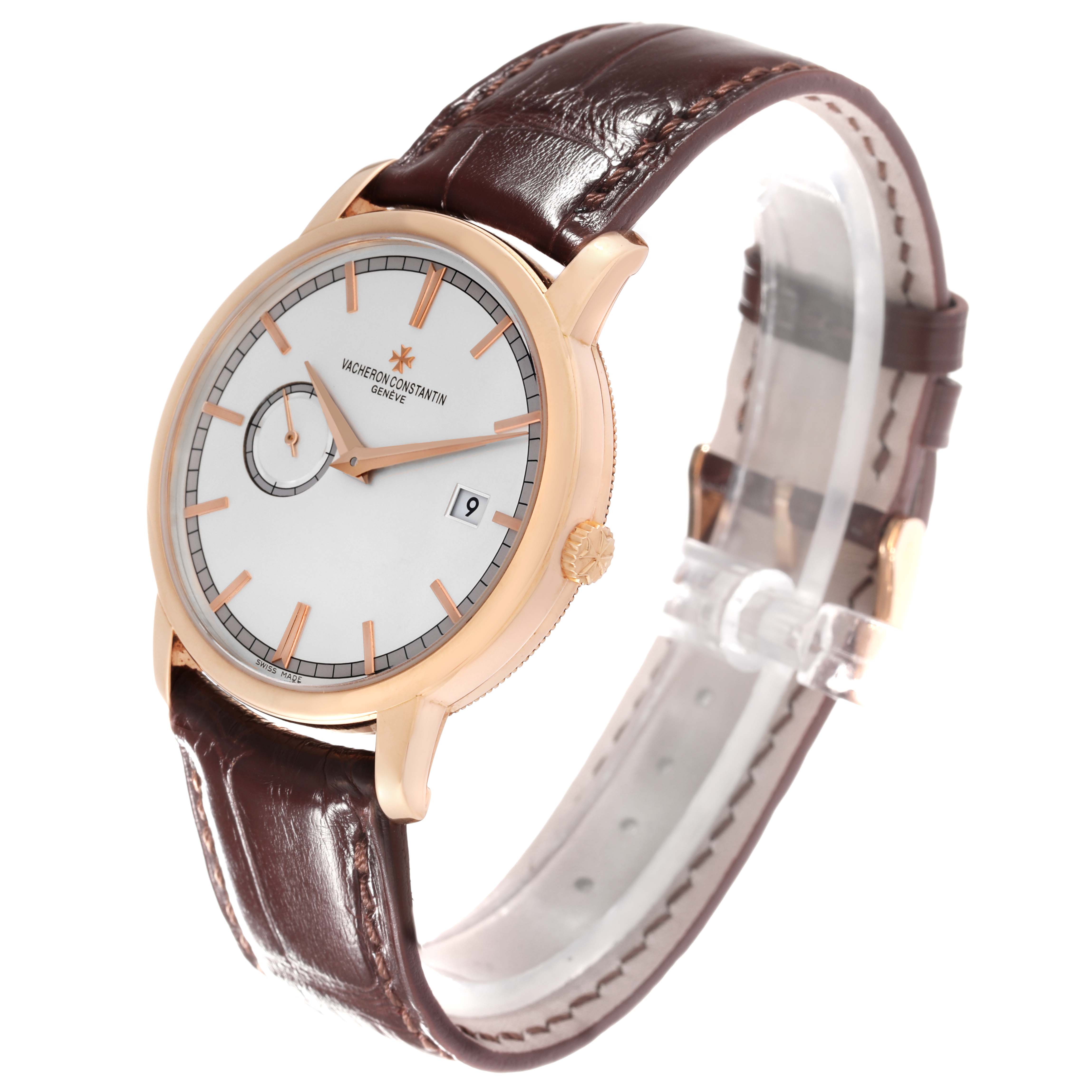 The Vacheron Constantin Traditionnelle 87172/000R-9302 Men's Rose Gold Silver Dial 87172/000R-9302 Men's Rose Gold Silver Dial watch is shown at a slight angle, highlighting its face, crown, and leather strap.