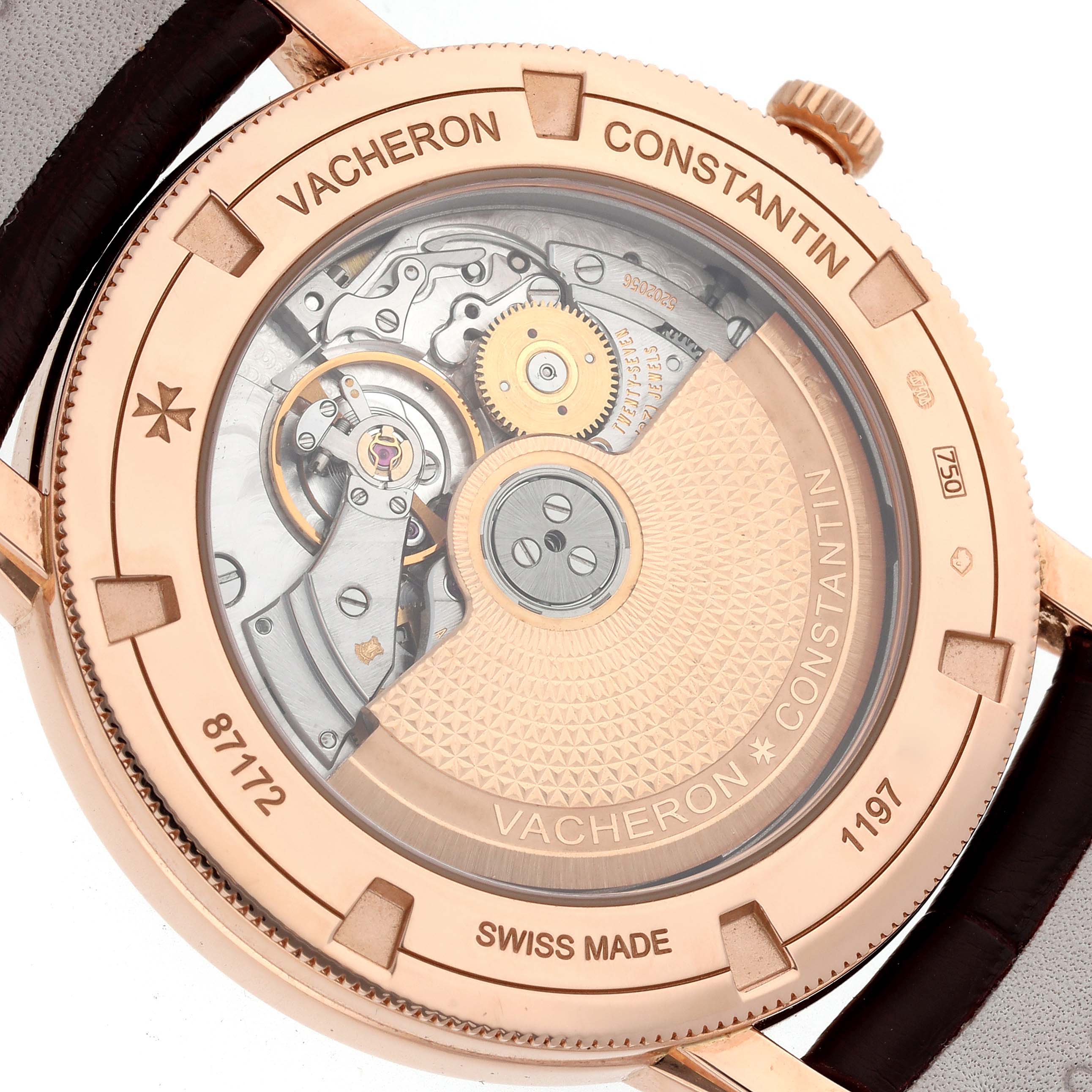 The image shows the back view of the Traditionnelle model by Vacheron Constantin, revealing the intricate movement and mechanics.