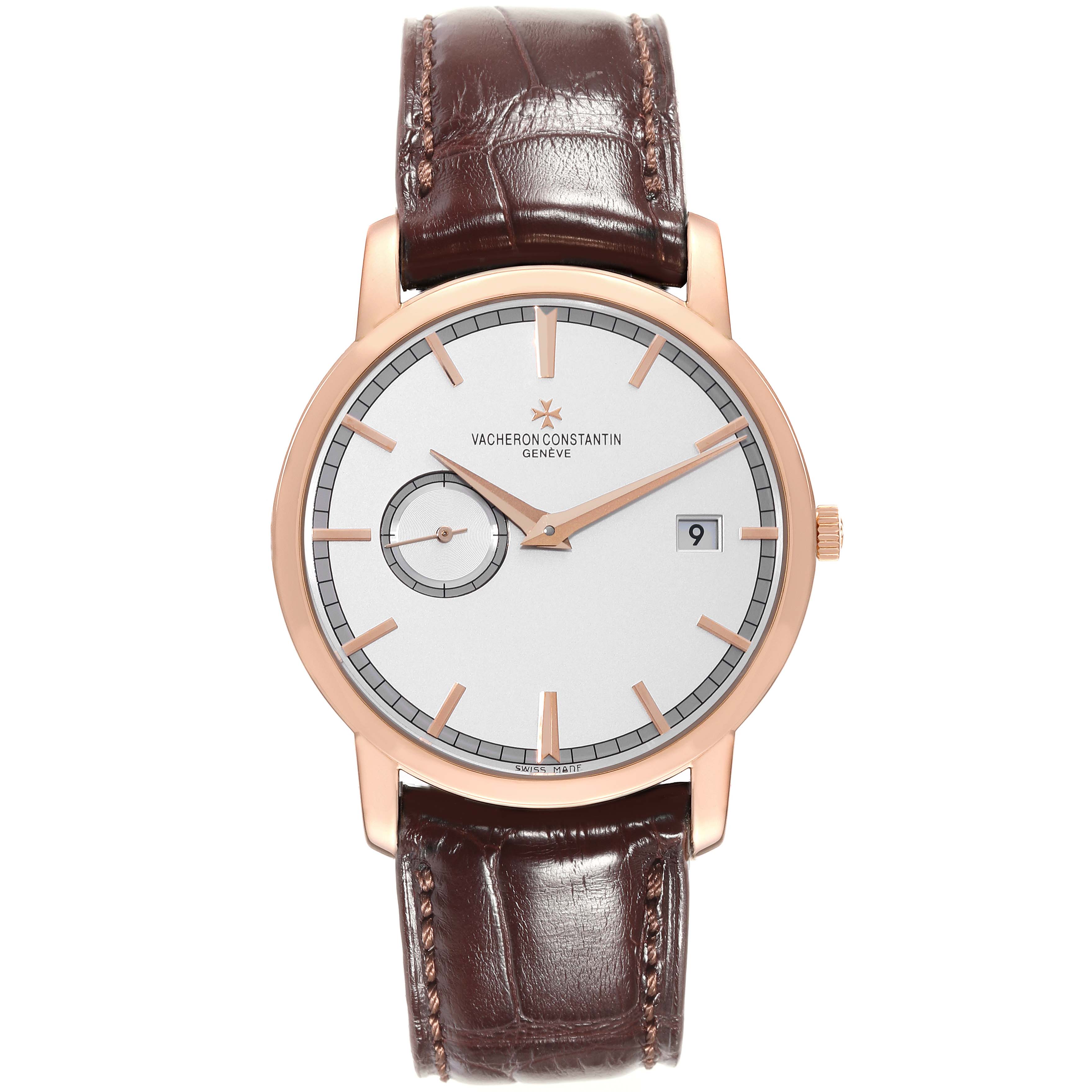 This image shows a front view of the Traditionnelle model by Vacheron Constantin, featuring a leather strap and date display.