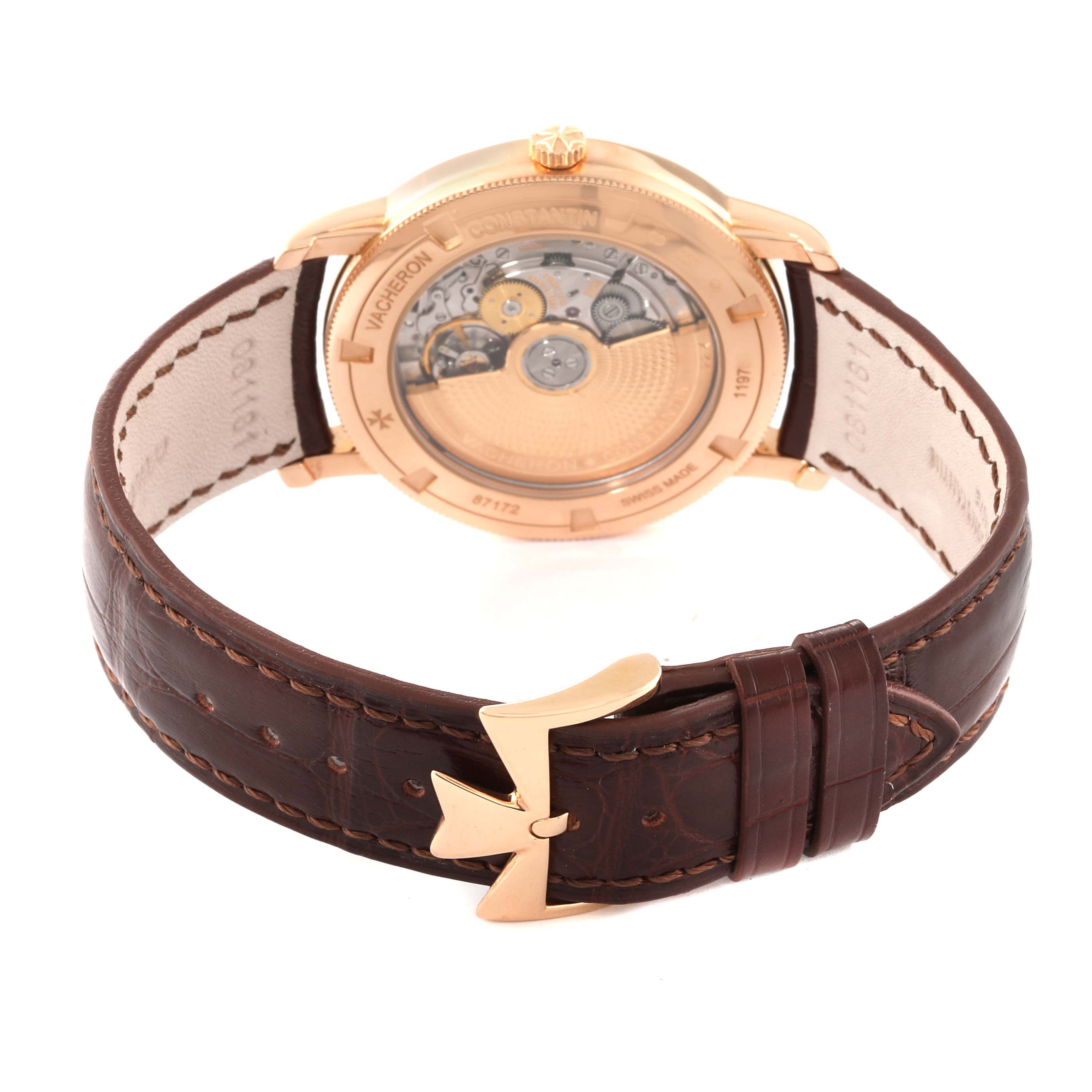 This image shows the back view of the Vacheron Constantin Traditionnelle 87172/000R-9302 Men's Rose Gold Silver Dial 87172/000R-9302 Men's Rose Gold Silver Dial watch, featuring its movement and brown leather strap.
