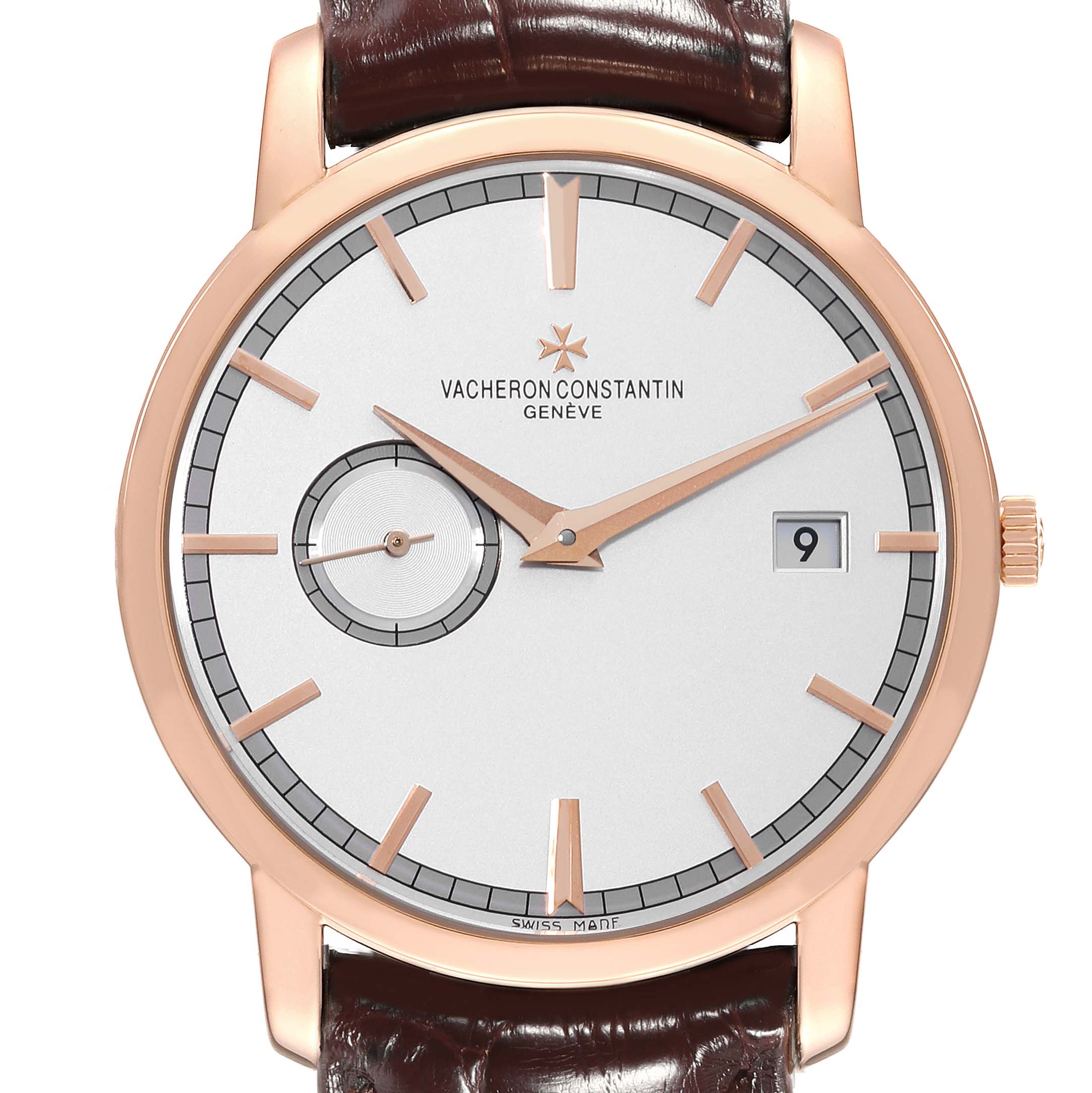 The image shows a front view of the Vacheron Constantin Traditionnelle 87172/000R-9302 Men's Rose Gold Silver Dial 87172/000R-9302 Men's Rose Gold Silver Dial model watch, highlighting its brown leather strap, date display, and subdial.