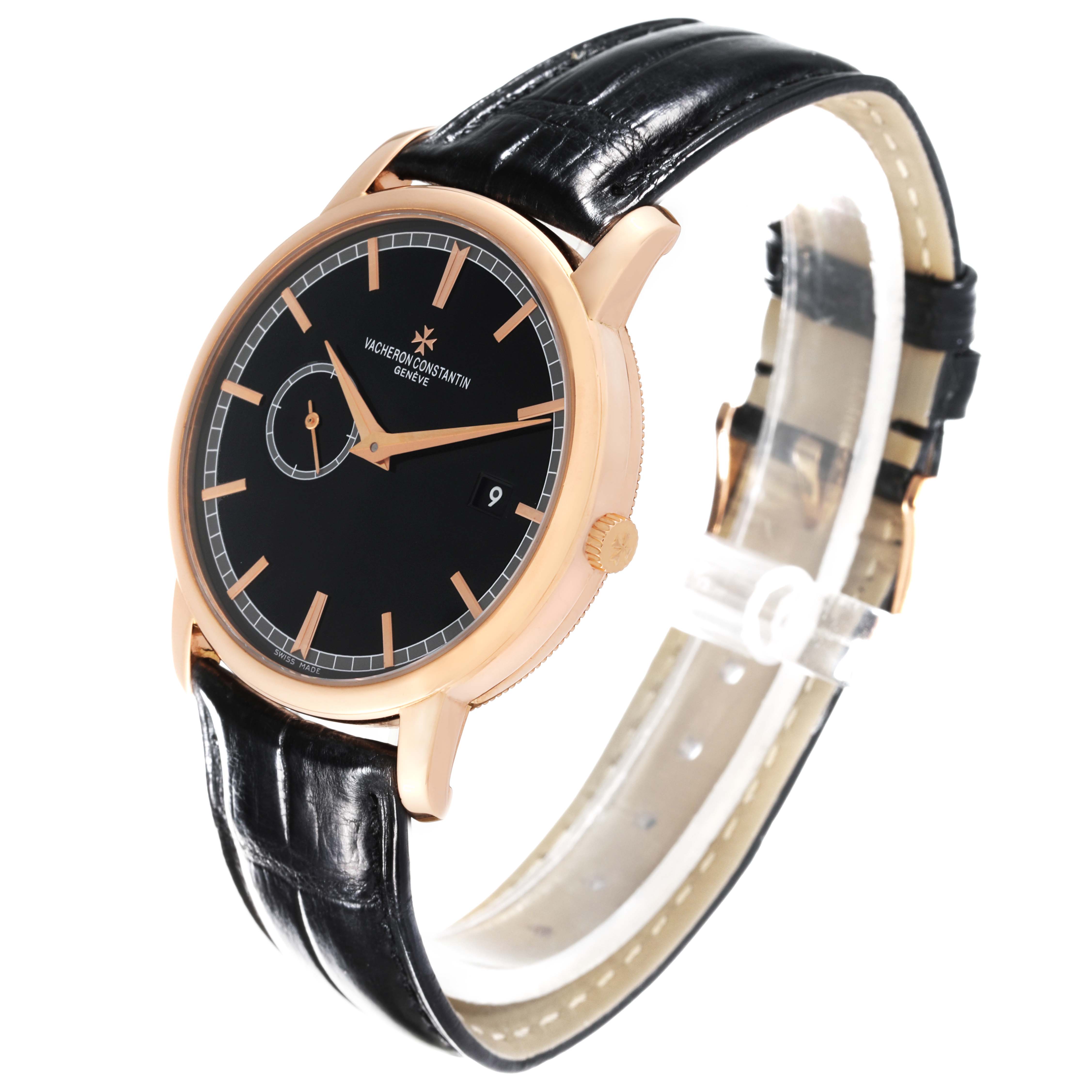 The Vacheron Constantin Traditionnelle 87172/000R Men's Rose Gold Black Dial 87172/000R Men's Rose Gold Black Dial model watch is shown at a three-quarter angle, featuring its black dial and leather strap.