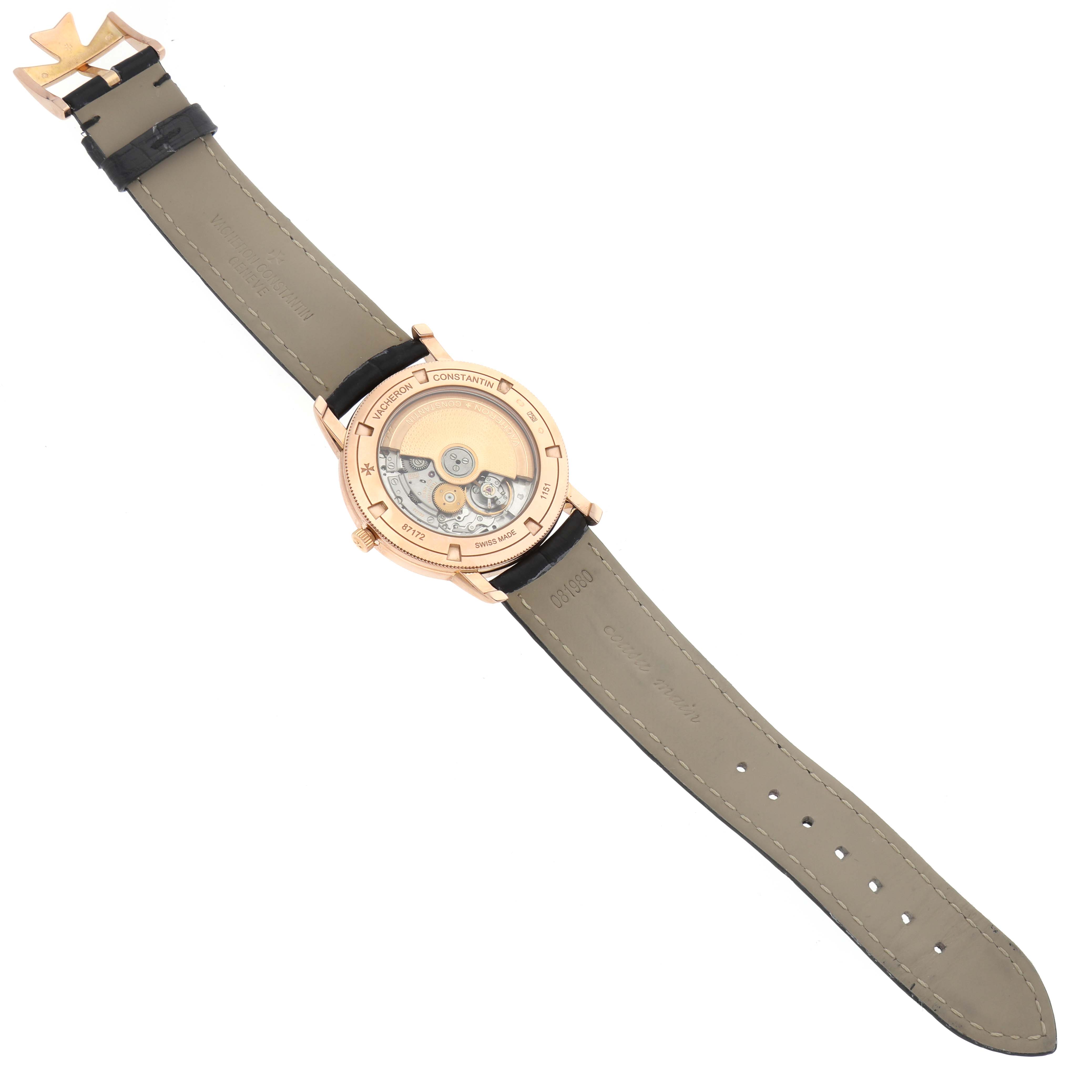 The Vacheron Constantin Traditionnelle 87172/000R Men's Rose Gold Black Dial 87172/000R Men's Rose Gold Black Dial watch is shown from the back, highlighting its movement and leather strap.