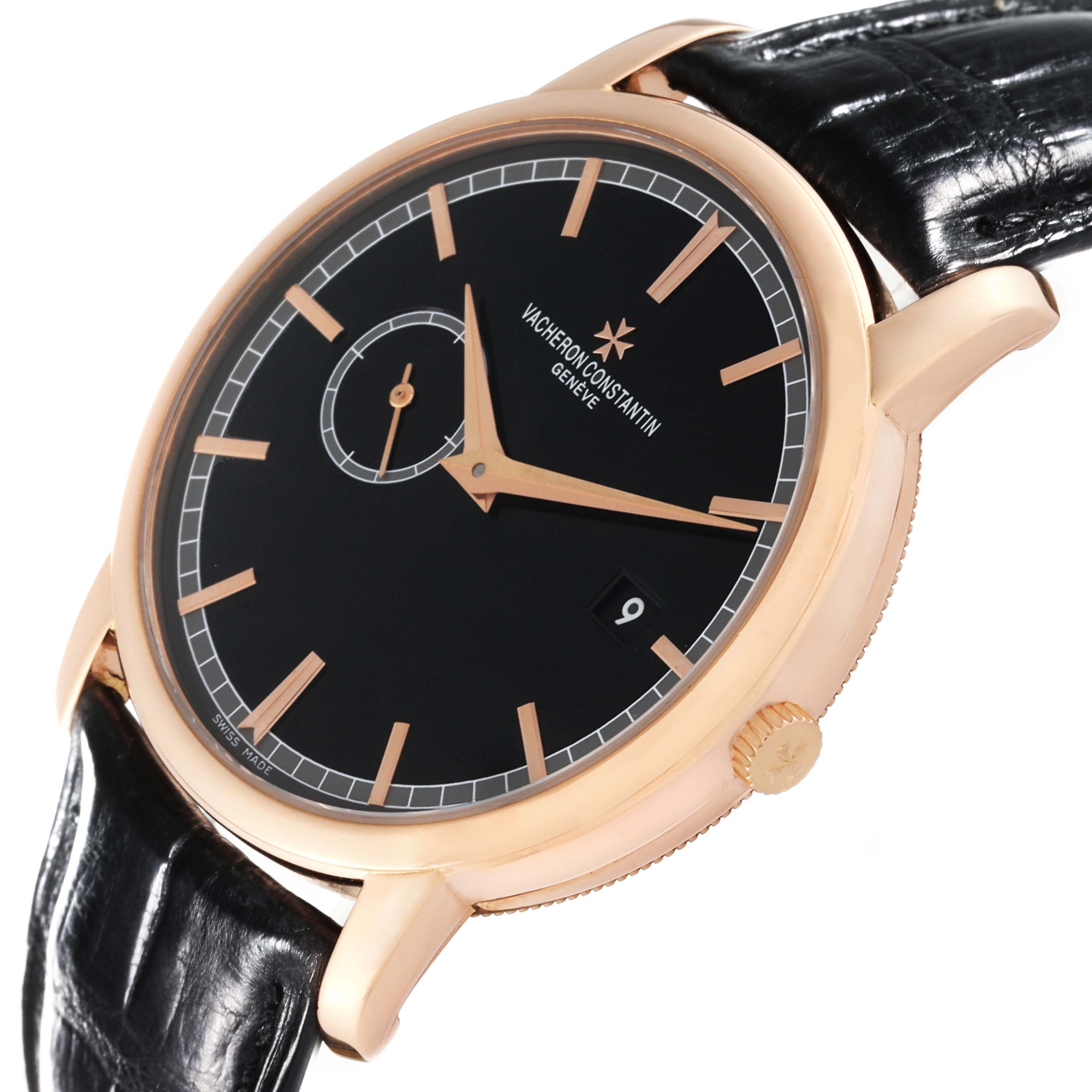 The Vacheron Constantin Traditionnelle 87172/000R Men's Rose Gold Black Dial 87172/000R Men's Rose Gold Black Dial watch is shown at a slight side angle, displaying the face, crown, and part of the strap.