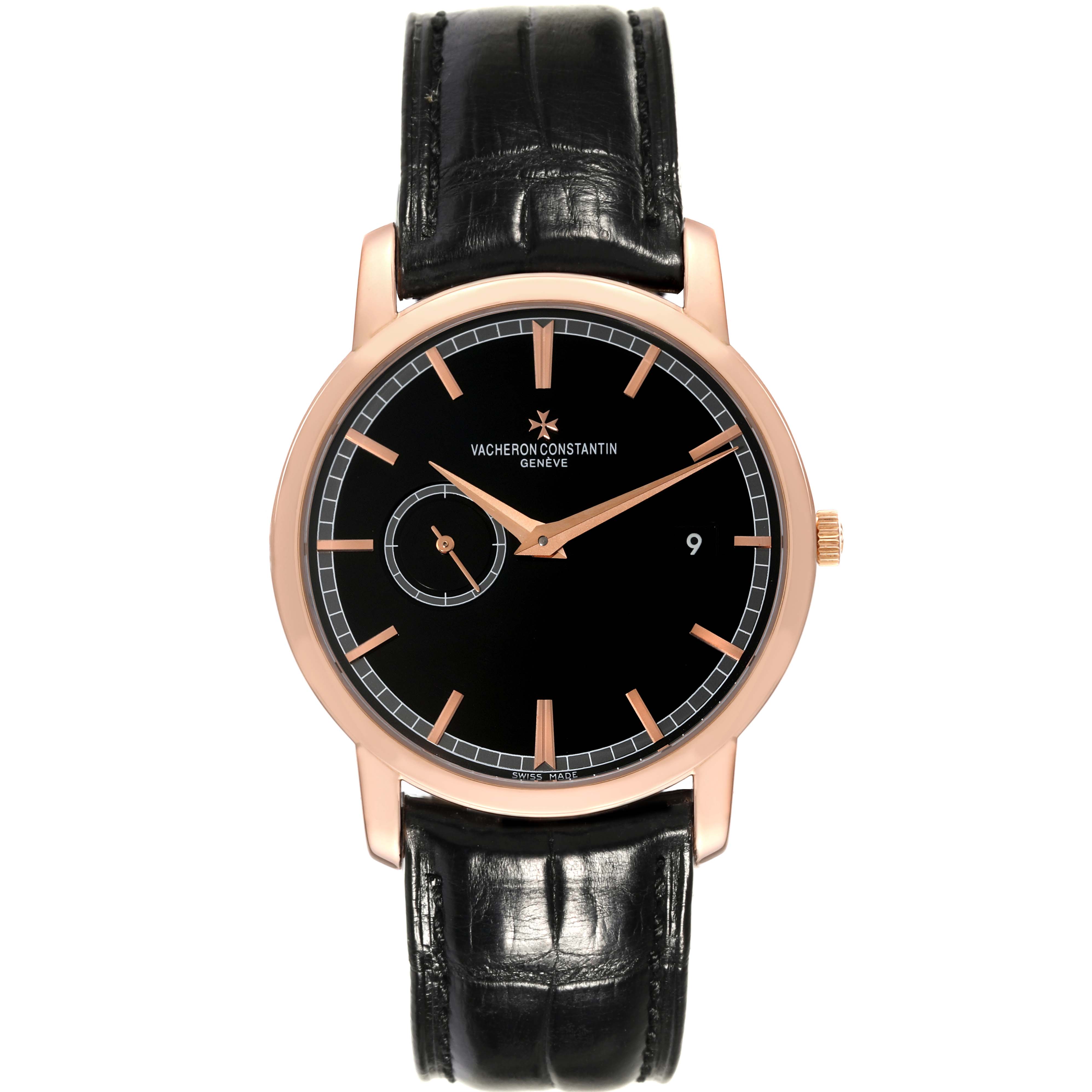 The image shows a front-facing view of a Vacheron Constantin Traditionnelle 87172/000R Men's Rose Gold Black Dial 87172/000R Men's Rose Gold Black Dial watch with a black dial and leather strap.