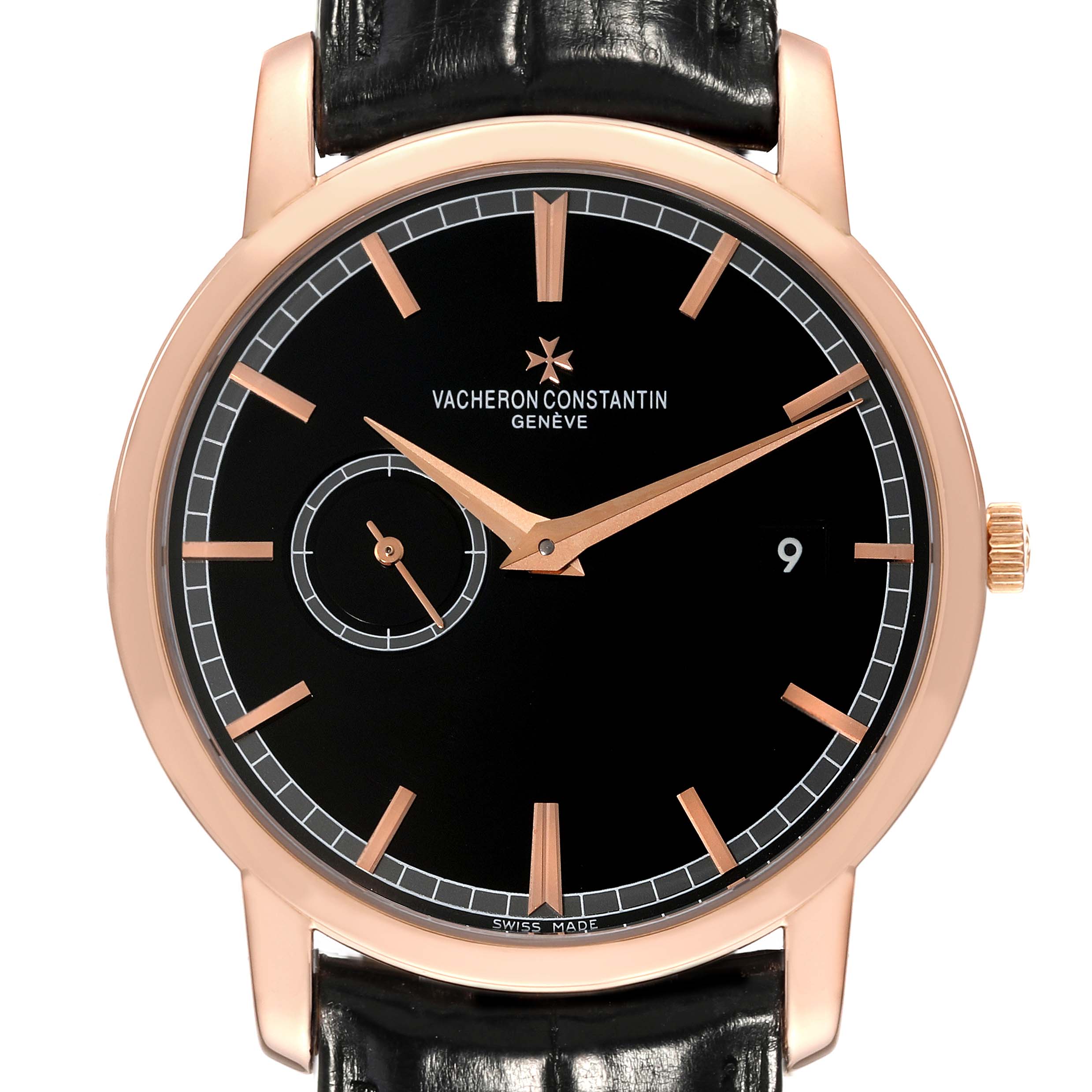The image shows a front view of the Vacheron Constantin Traditionnelle 87172/000R Men's Rose Gold Black Dial 87172/000R Men's Rose Gold Black Dial watch with a black dial, rose gold case, and black leather strap.