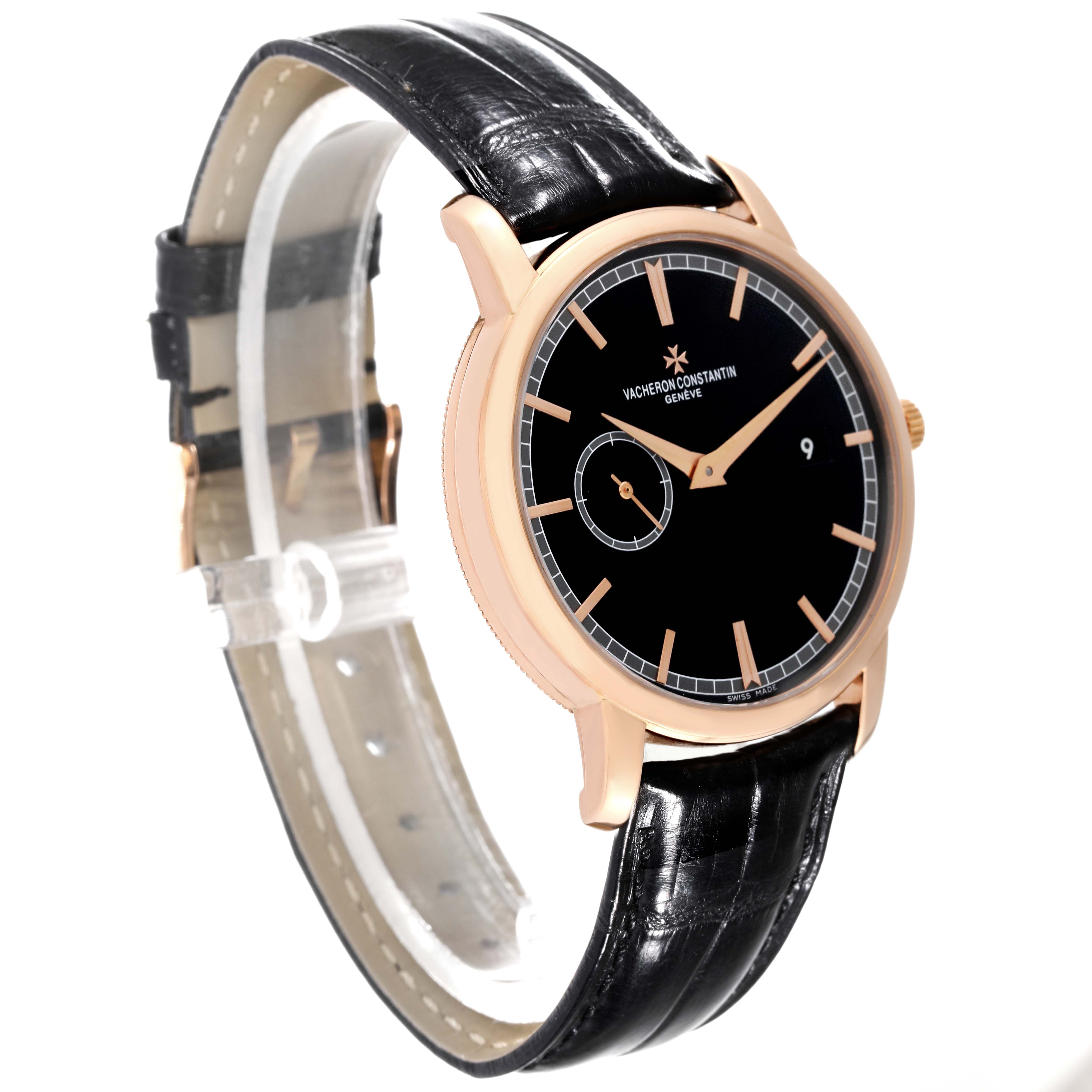 Side angle view of the Vacheron Constantin Traditionnelle 87172/000R Men's Rose Gold Black Dial 87172/000R Men's Rose Gold Black Dial watch showing the dial, case, and leather strap.