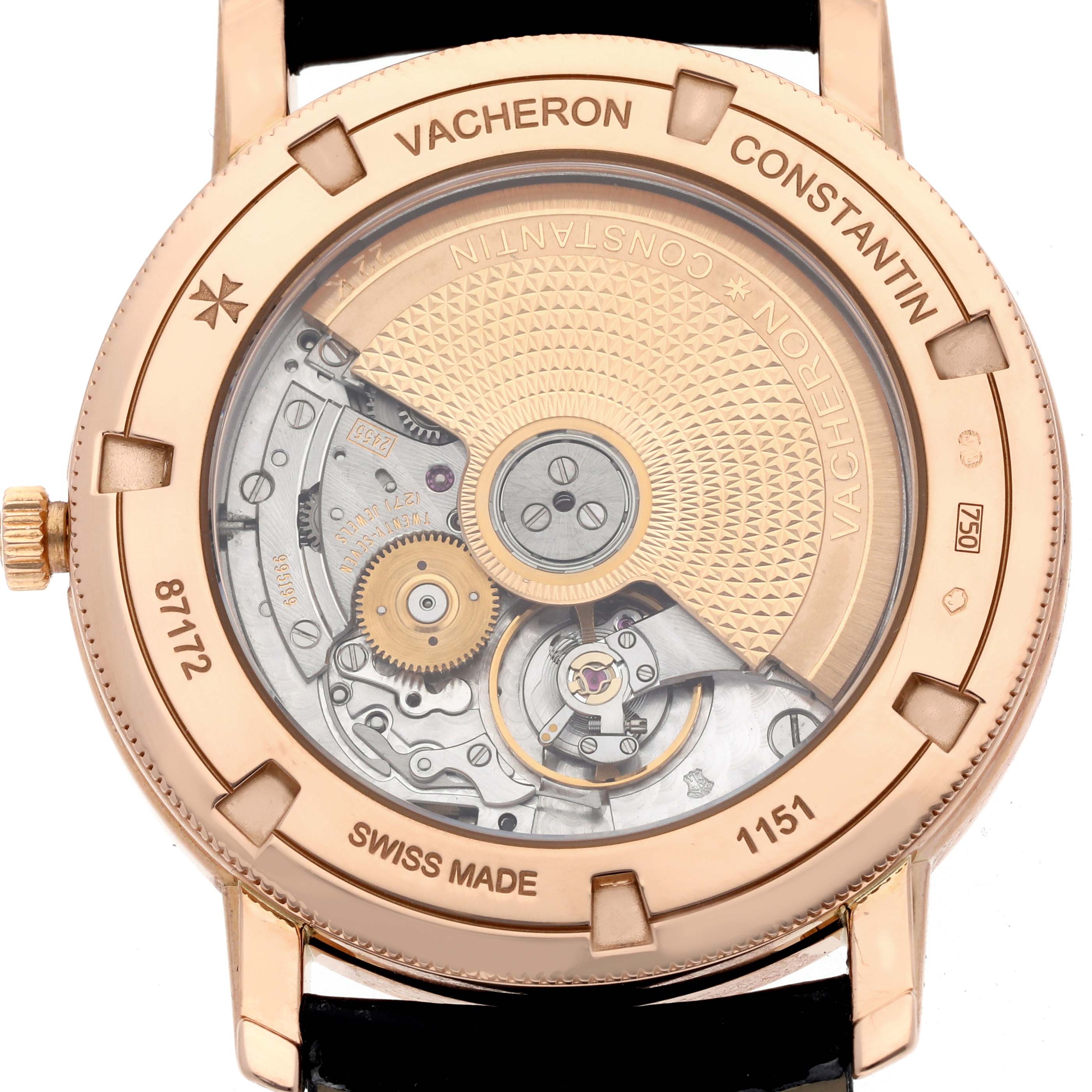 The image shows the back view of a Vacheron Constantin Traditionnelle 87172/000R Men's Rose Gold Black Dial 87172/000R Men's Rose Gold Black Dial watch, revealing its detailed mechanical movement.