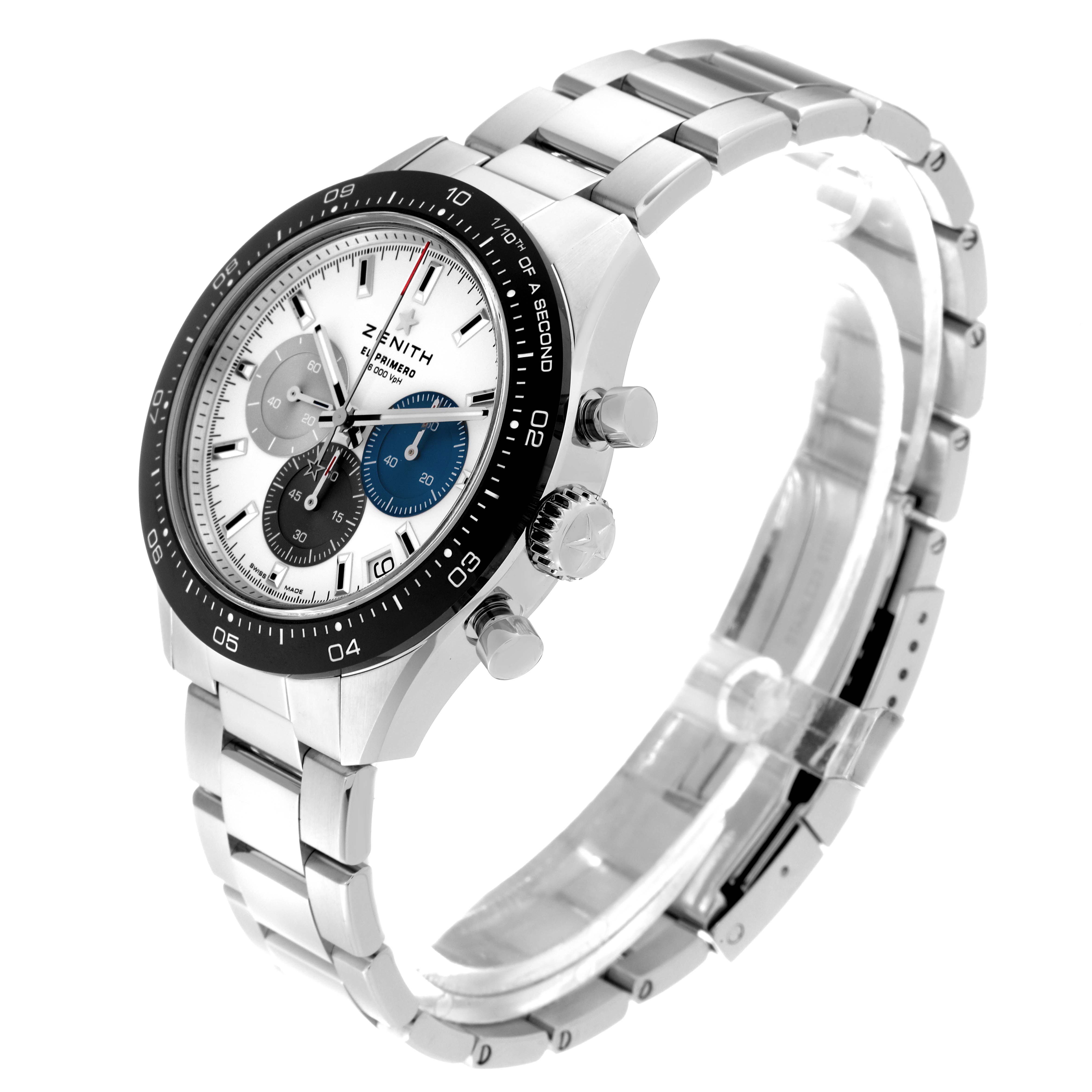 The Zenith Chronomaster 03.3100.3600/69.M3100 Men
s Stainless Steel White Dial 03.3100.3600/69.M3100 Men
s Stainless Steel White Dial watch is shown at an angled view, highlighting the face, bezel, chronograph buttons, and bracelet.
