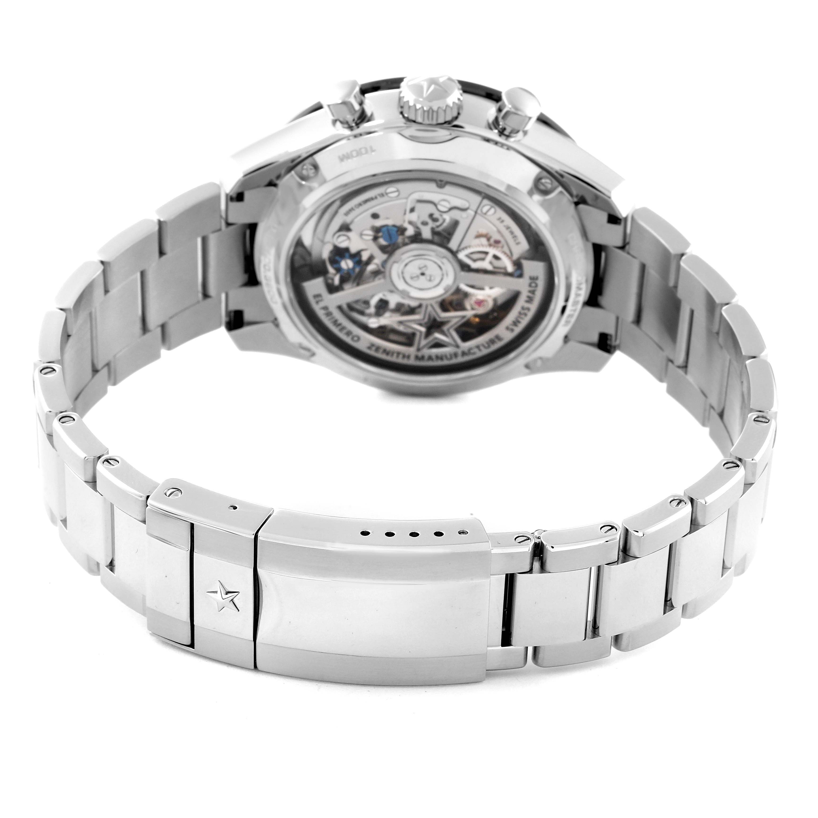 This image shows the back view of the Zenith Chronomaster 03.3100.3600/69.M3100 Men
s Stainless Steel White Dial 03.3100.3600/69.M3100 Men
s Stainless Steel White Dial watch displaying its movement and bracelet clasp.