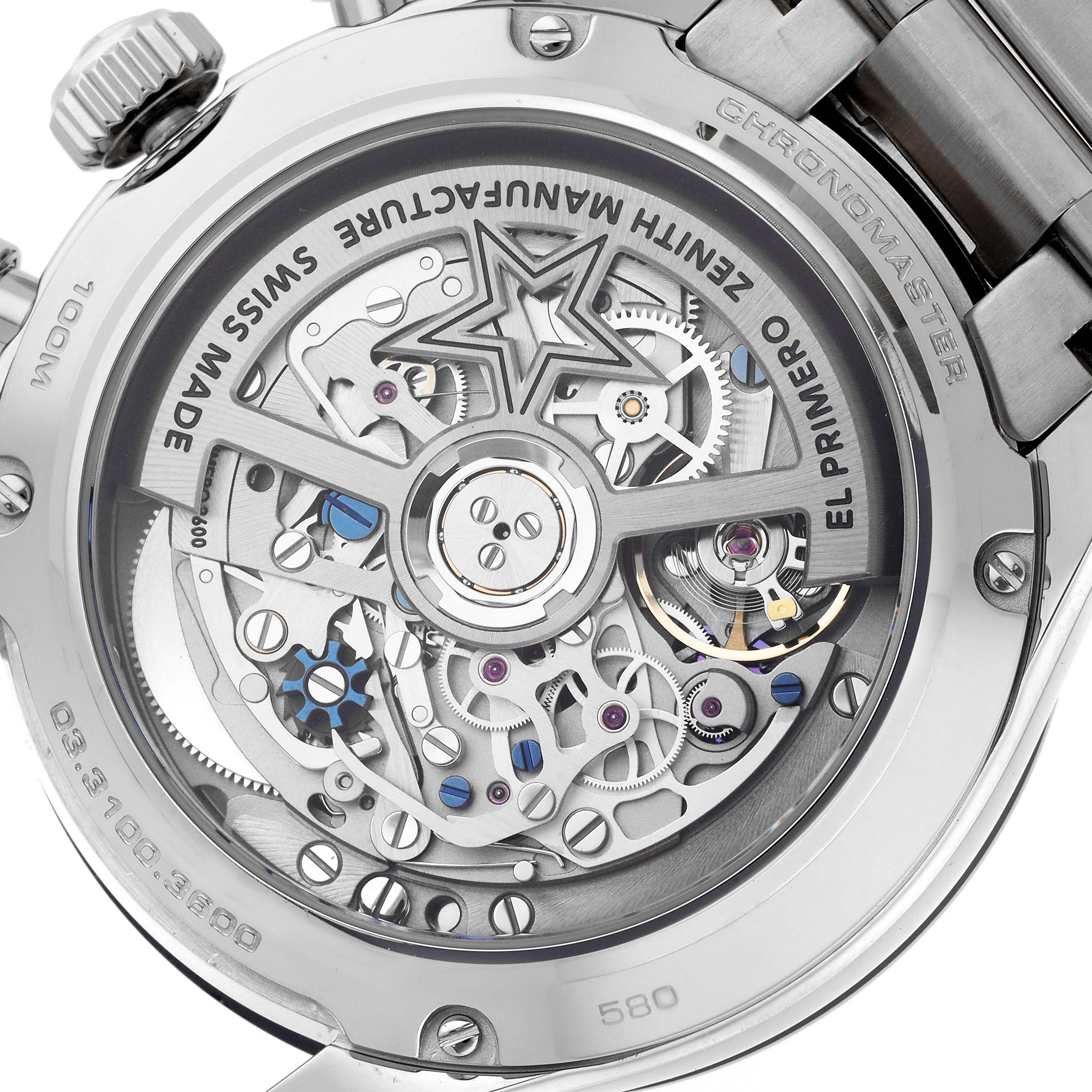 The image shows the backside of the Zenith Chronomaster 03.3100.3600/69.M3100 Men
s Stainless Steel White Dial 03.3100.3600/69.M3100 Men
s Stainless Steel White Dial watch, revealing its intricate open case back and the 
El Primero
 movement components.