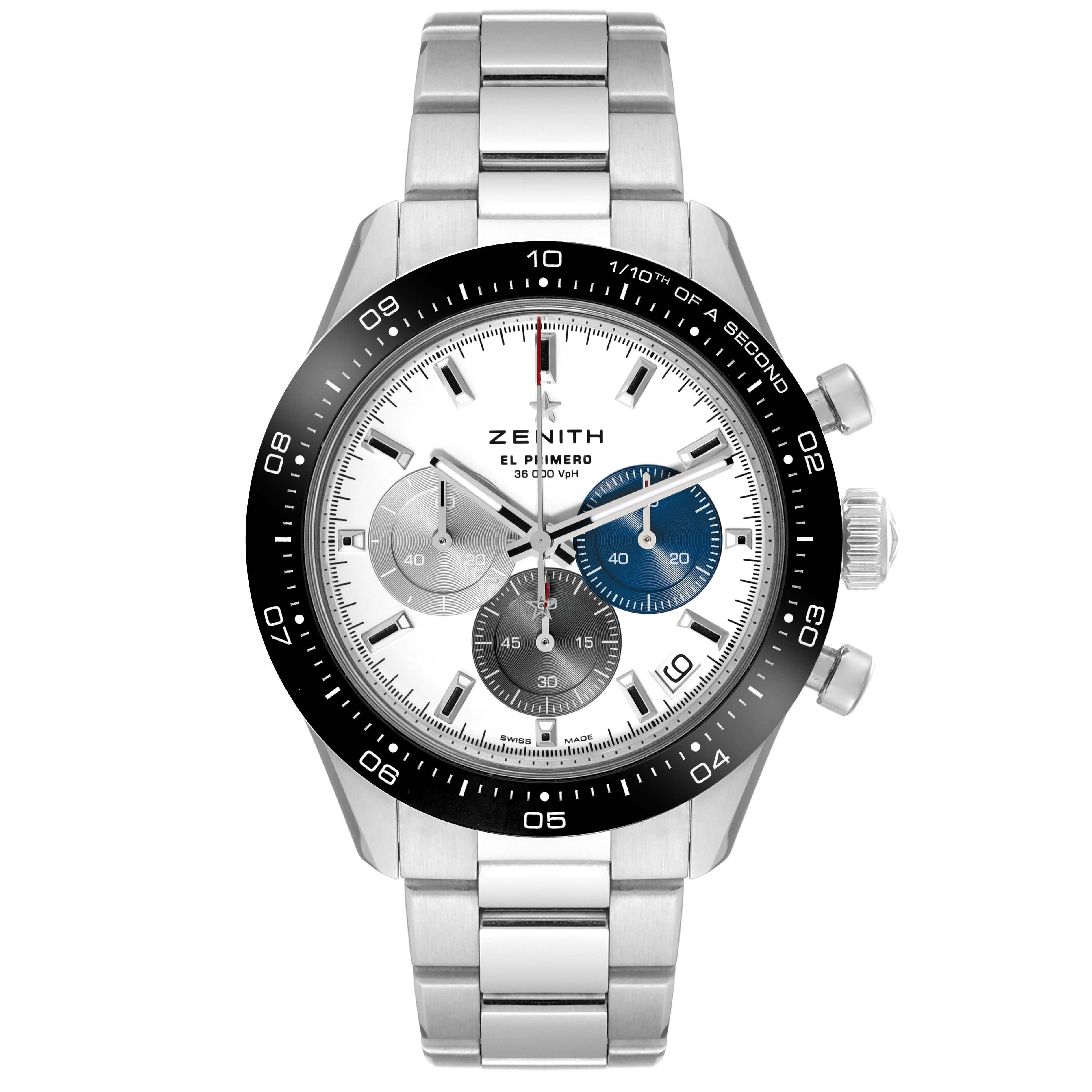 The image shows a Zenith Chronomaster 03.3100.3600/69.M3100 Men
s Stainless Steel White Dial 03.3100.3600/69.M3100 Men
s Stainless Steel White Dial watch from a front angle, highlighting its bezel, dial, sub-dials, and stainless steel bracelet.