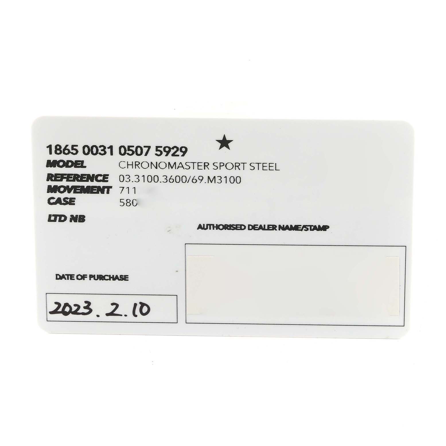 This image shows the warranty card for a Zenith Chronomaster 03.3100.3600/69.M3100 Men
s Stainless Steel White Dial 03.3100.3600/69.M3100 Men
s Stainless Steel White Dial model, with details like model, reference, and date of purchase.