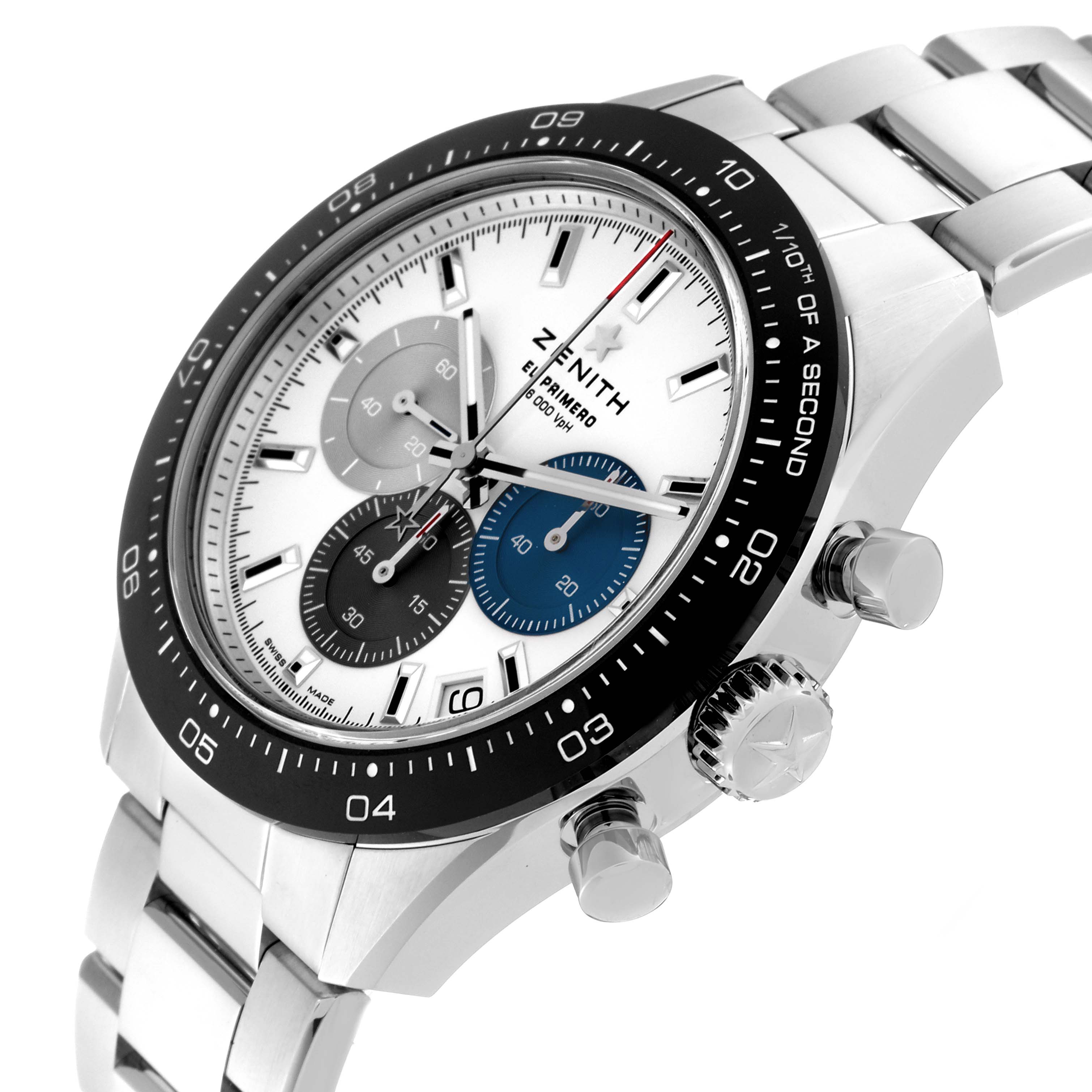 The image shows a Zenith Chronomaster 03.3100.3600/69.M3100 Men
s Stainless Steel White Dial 03.3100.3600/69.M3100 Men
s Stainless Steel White Dial watch at a close angle, highlighting the dial, crown, bezel, and bracelet.