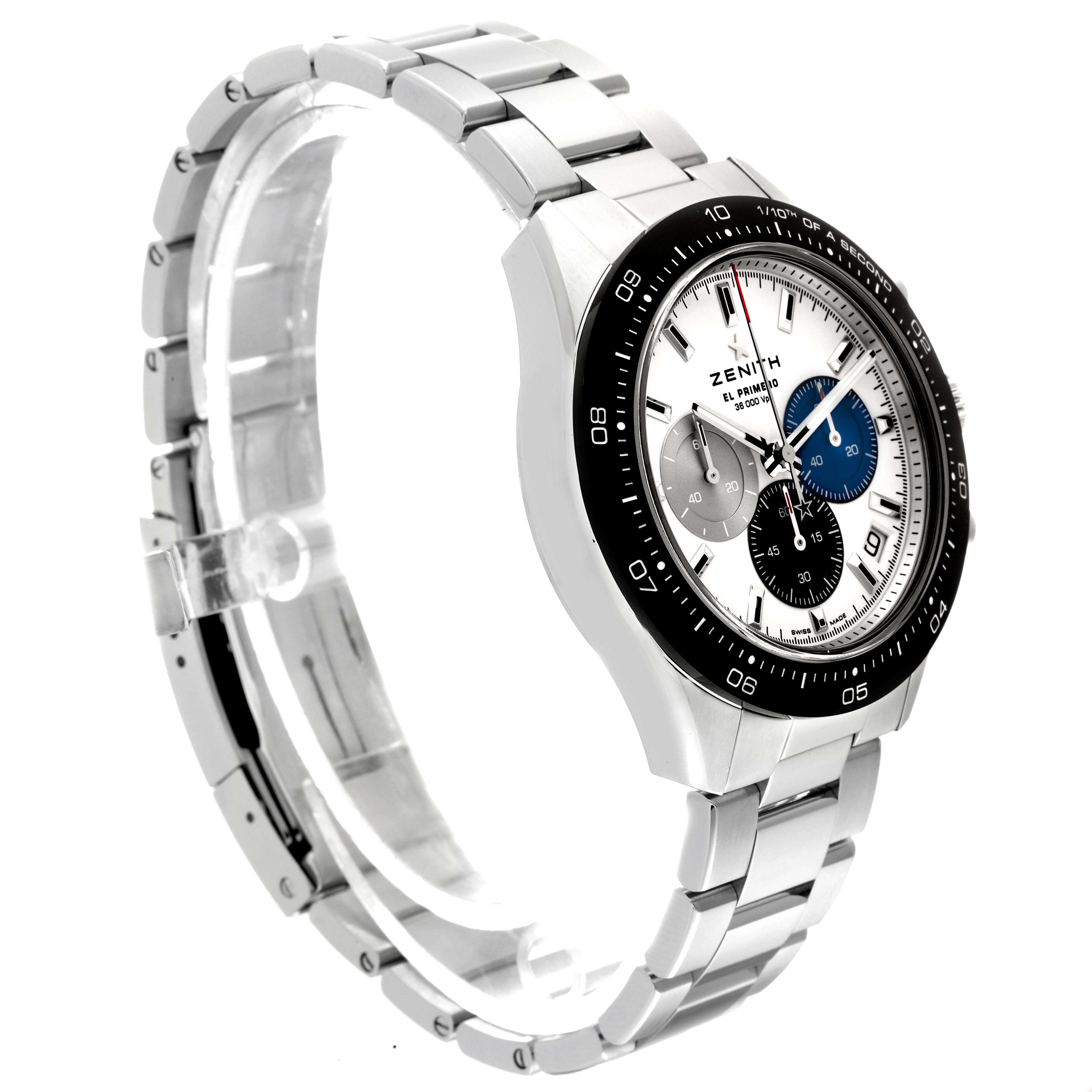 The image shows a Zenith Chronomaster 03.3100.3600/69.M3100 Men
s Stainless Steel White Dial 03.3100.3600/69.M3100 Men
s Stainless Steel White Dial watch at an angle highlighting the face, bezel, and stainless steel bracelet.