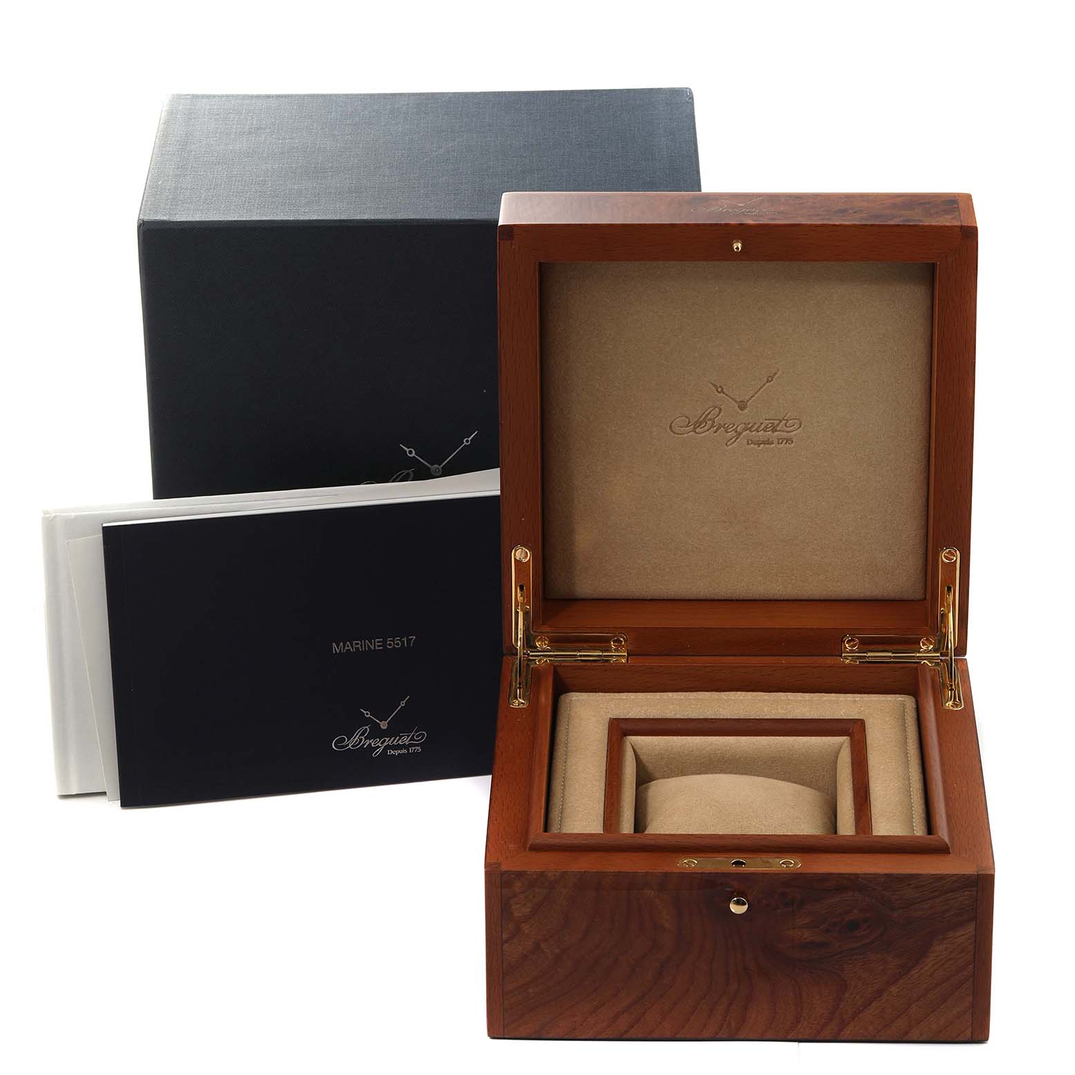 The image shows the elegant wooden box, warranty booklet, and outer box of a Breguet Marine 5517BB/Y2/9ZU Men's White Gold Blue Dial 5517BB/Y2/9ZU Men's White Gold Blue Dial watch.