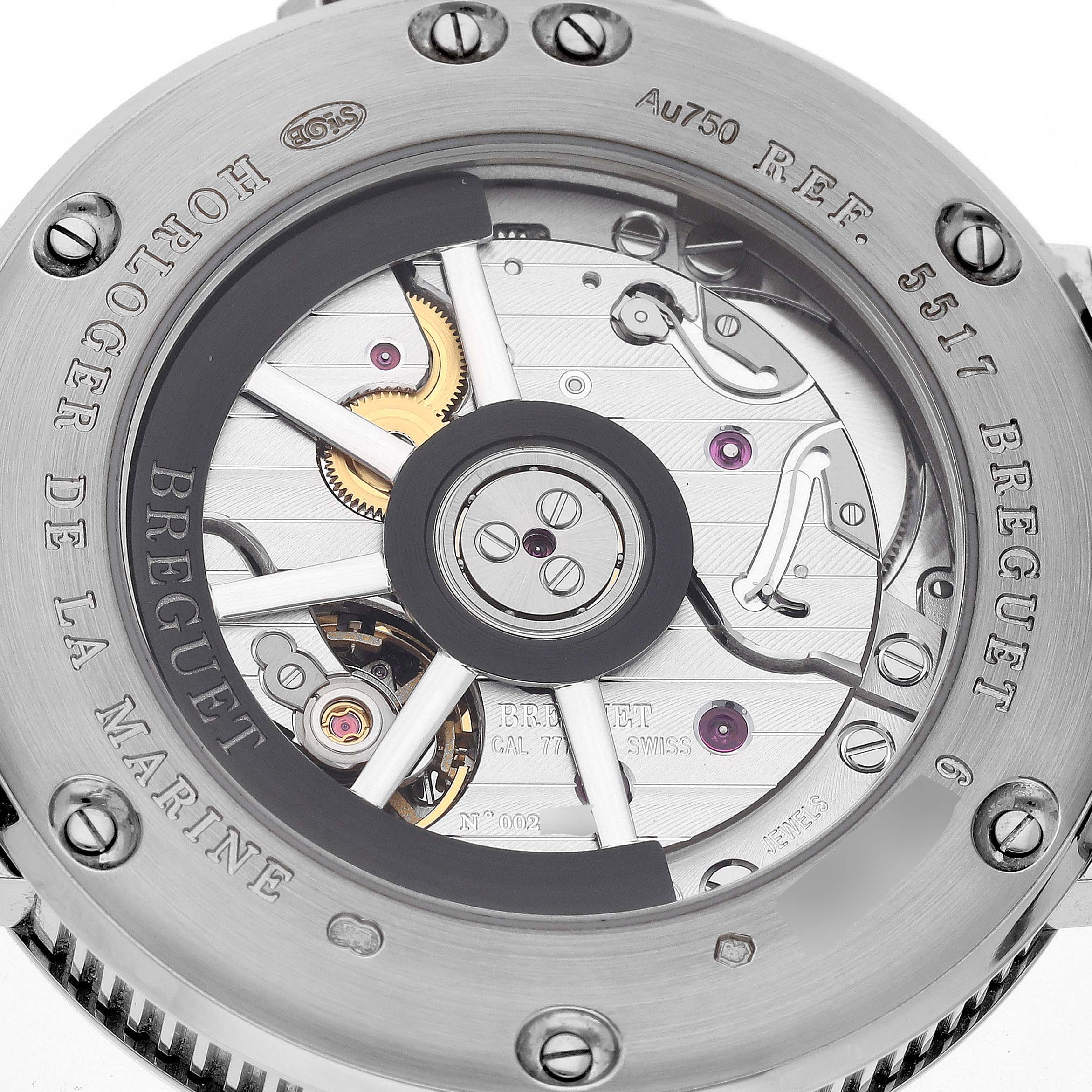 The image shows the back view of the Breguet Marine 5517BB/Y2/9ZU Men's White Gold Blue Dial 5517BB/Y2/9ZU Men's White Gold Blue Dial model, highlighting its intricate mechanical movement.