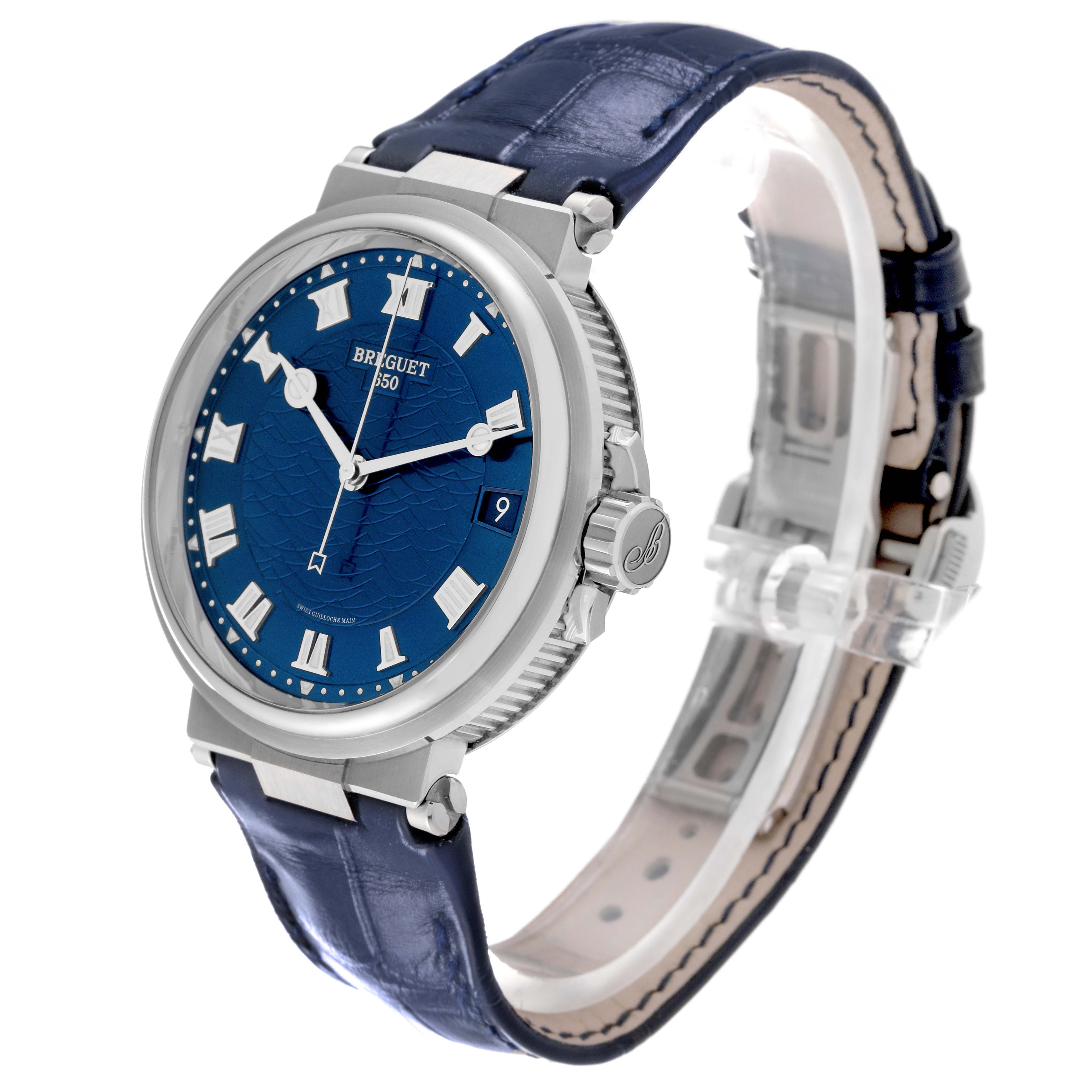 This Breguet Marine 5517BB/Y2/9ZU Men's White Gold Blue Dial 5517BB/Y2/9ZU Men's White Gold Blue Dial watch is shown at a three-quarter angle, highlighting the face, crown, and strap.