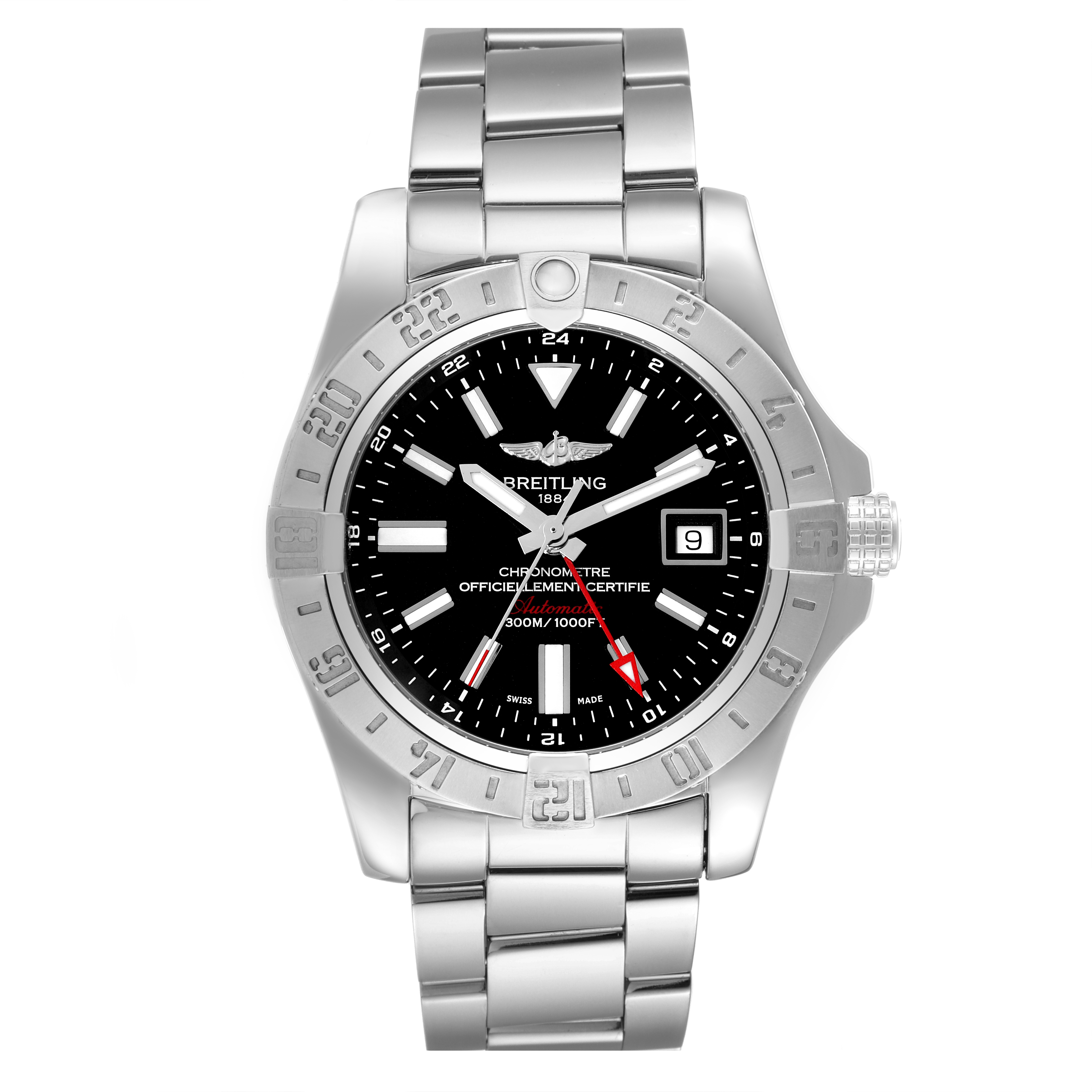 The image shows a frontal view of the Breitling Avenger A32390 Men's Stainless Steel Black Dial A32390 Men's Stainless Steel Black Dial watch, highlighting the dial, bezel, and stainless steel bracelet.