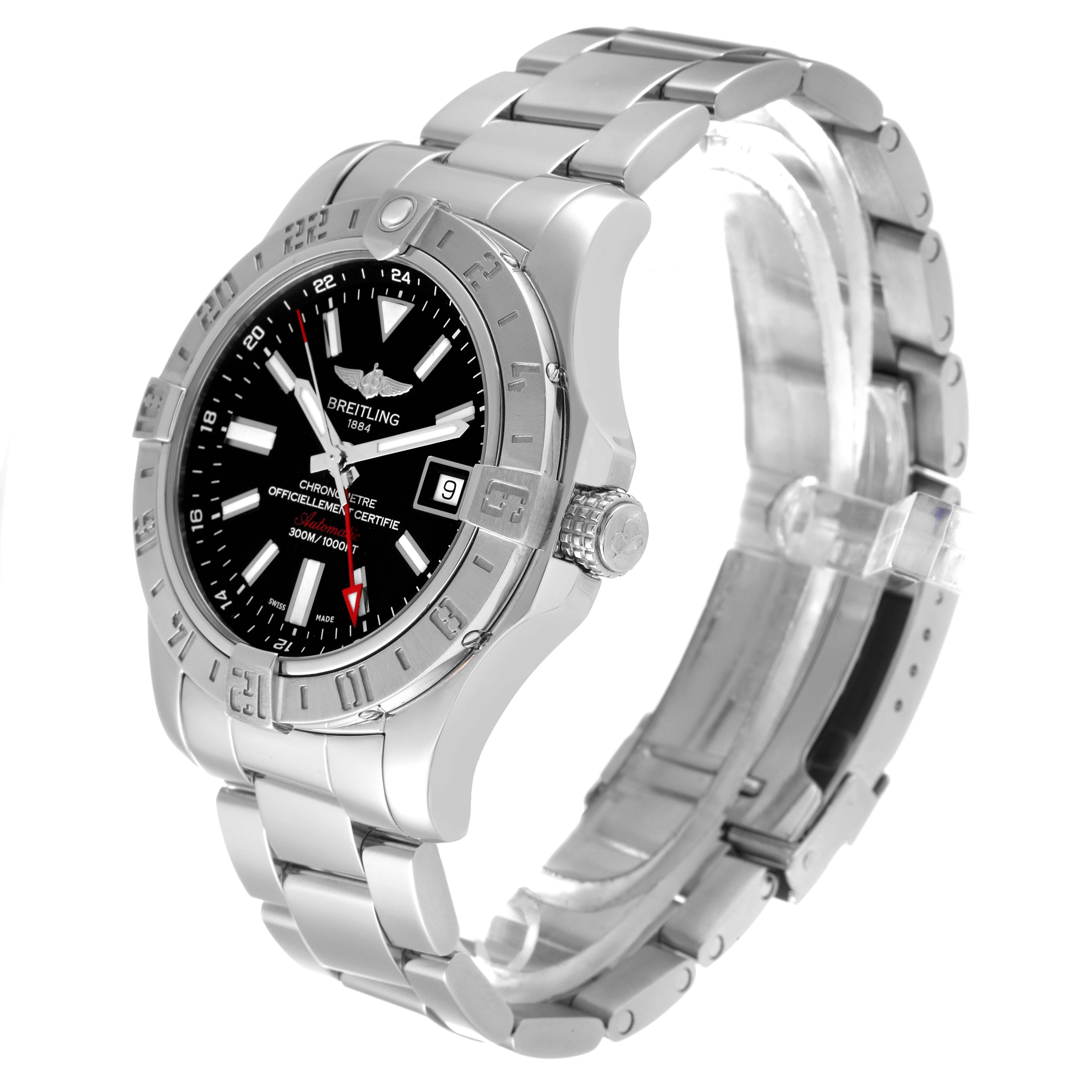 The image shows a Breitling Avenger A32390 Men's Stainless Steel Black Dial A32390 Men's Stainless Steel Black Dial watch at a three-quarter angle, highlighting the face, bezel, crown, and metal bracelet.