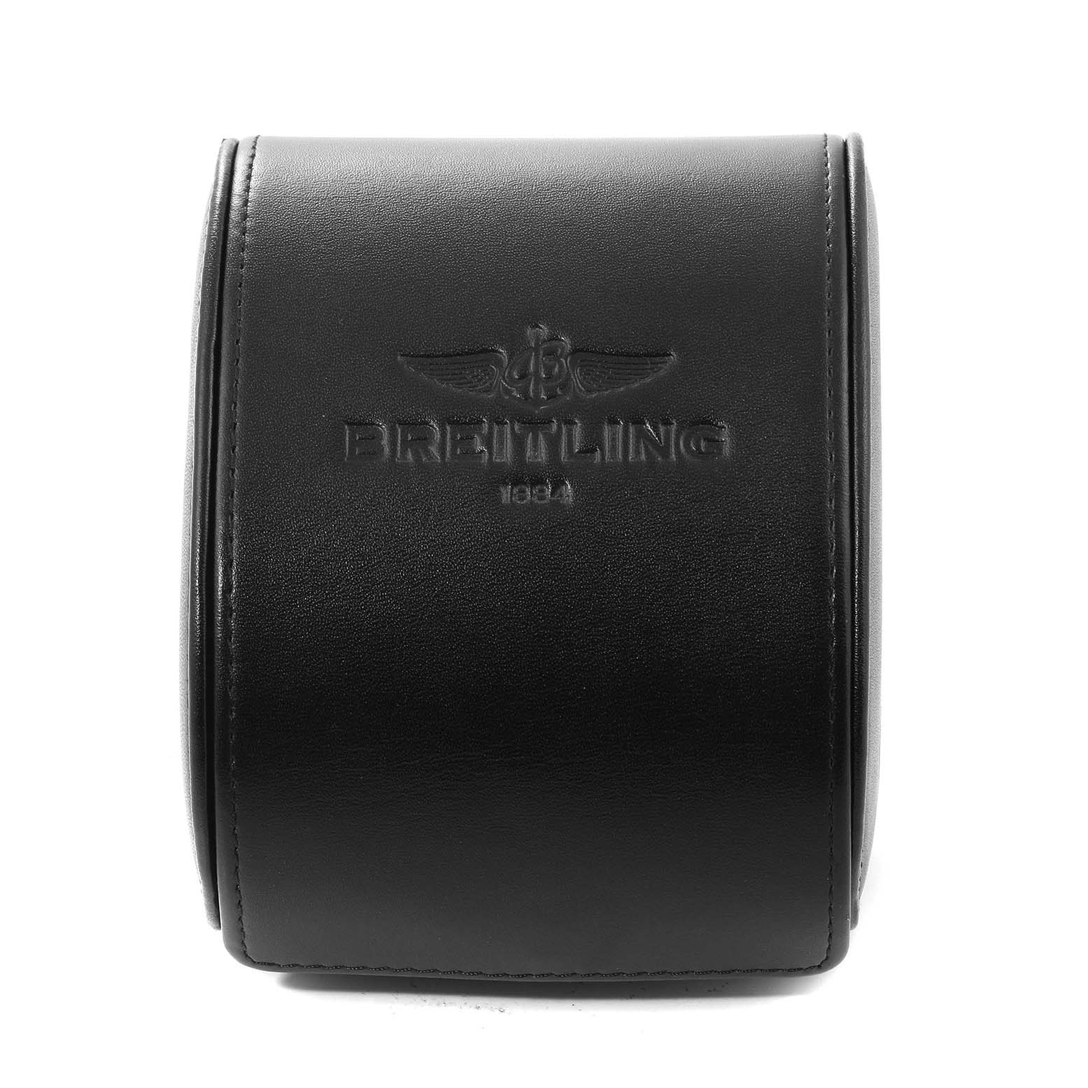 The image shows a front view of a black leather Breitling watch case for the Avenger model.