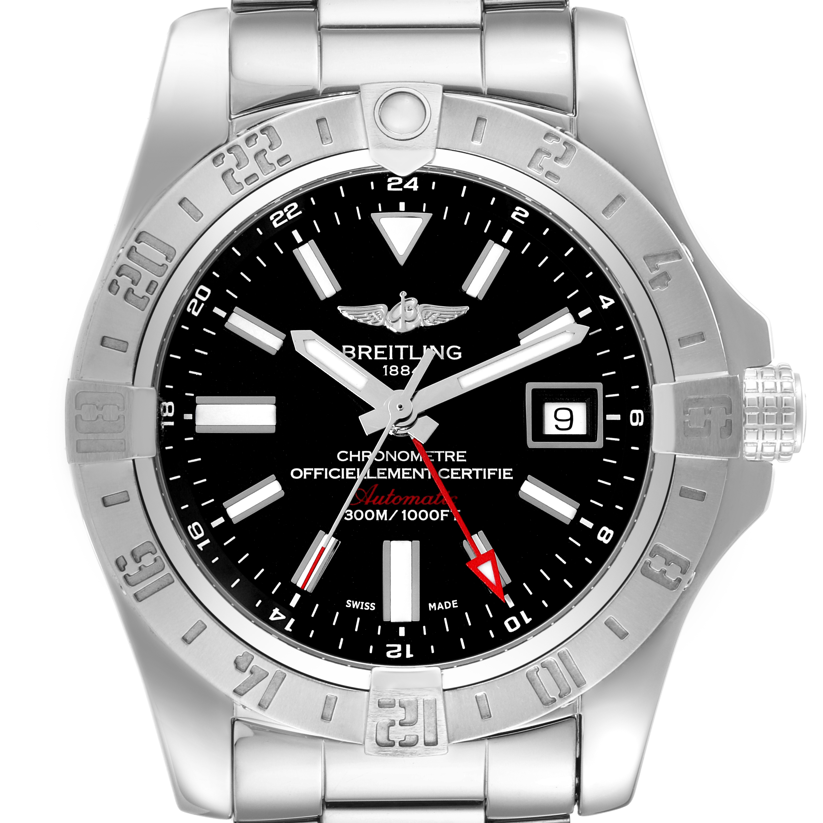 This image shows a front view of the Breitling Avenger A32390 Men's Stainless Steel Black Dial A32390 Men's Stainless Steel Black Dial watch, featuring its dial, bezel, and part of the bracelet.