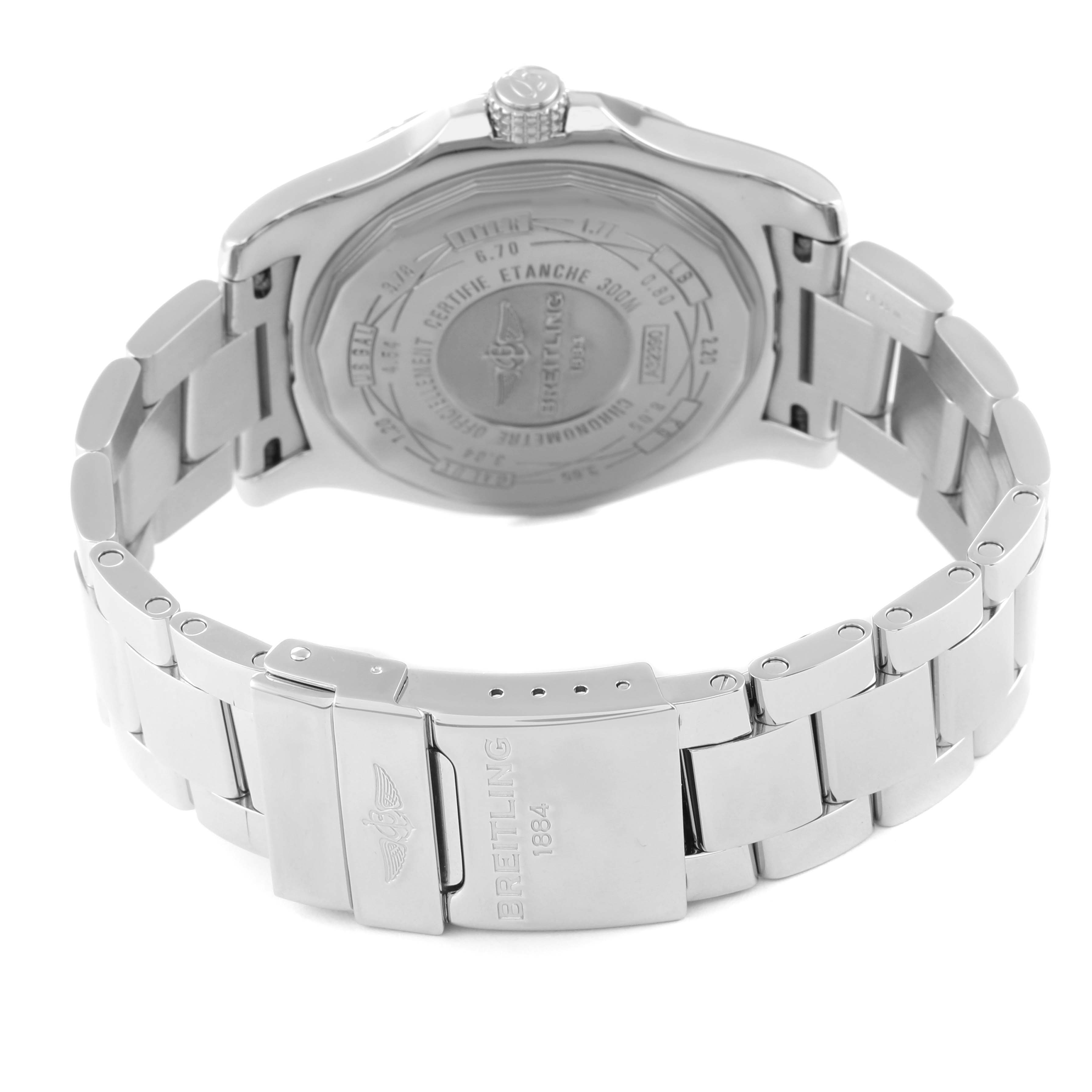 The image shows the back view of a Breitling Avenger A32390 Men's Stainless Steel Black Dial A32390 Men's Stainless Steel Black Dial watch, highlighting the case back and bracelet with a clasp.