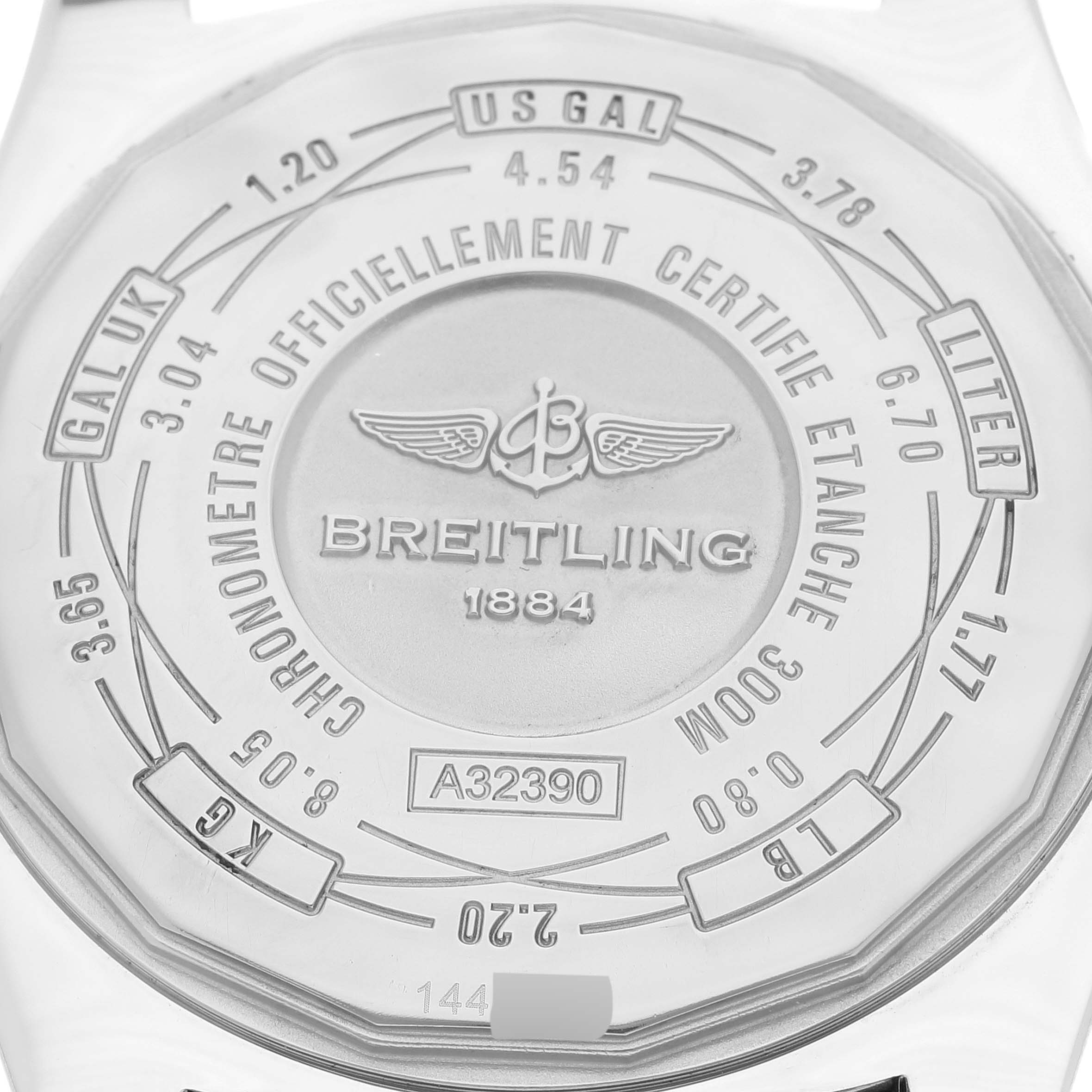 The image shows the back case of a Breitling Avenger A32390 Men's Stainless Steel Black Dial A32390 Men's Stainless Steel Black Dial model watch, featuring engravings and calibration markings.