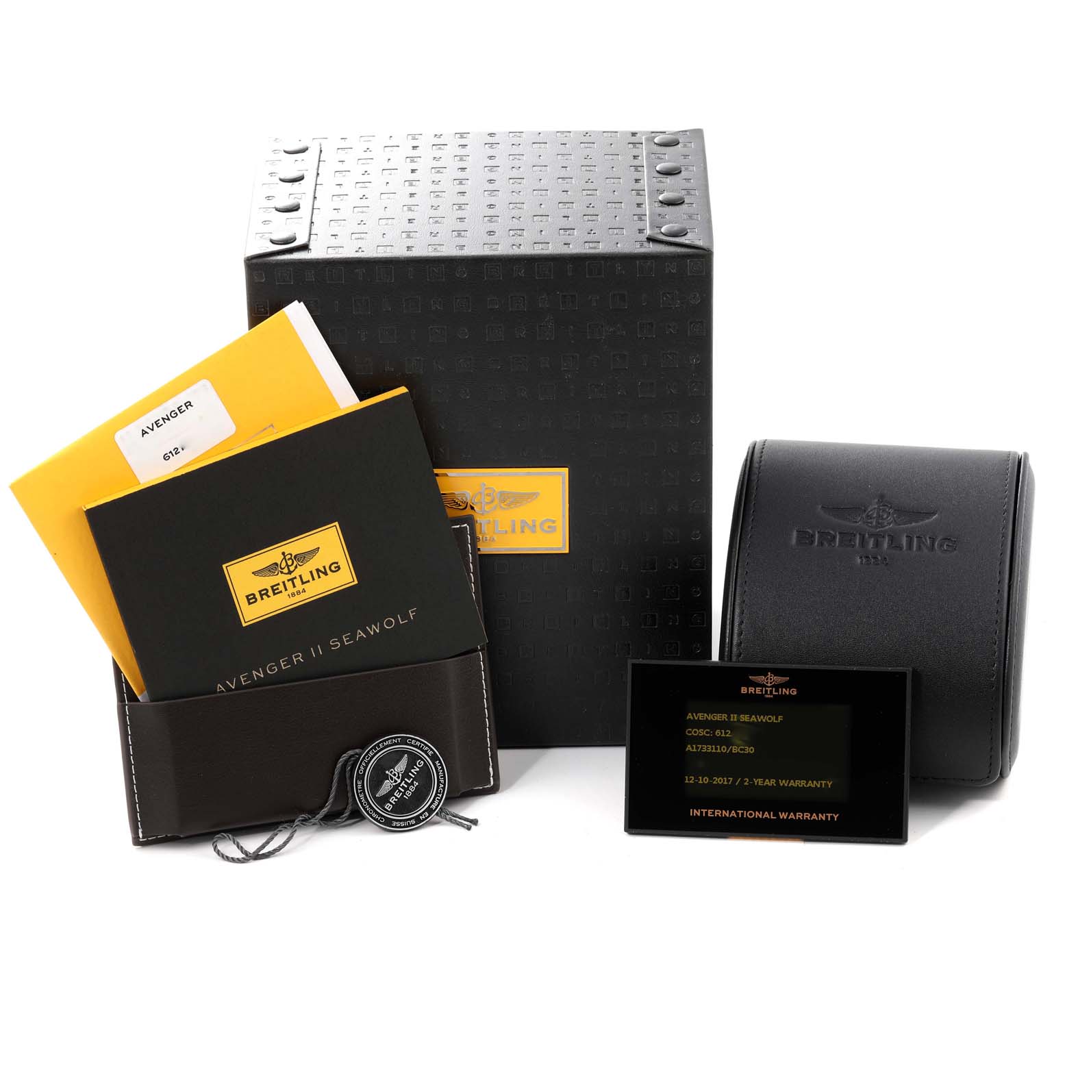The image shows the packaging, warranty card, tag, manuals, and accessories for a Breitling Avenger A17331 Men's Stainless Steel Black Dial A17331 Men's Stainless Steel Black Dial II Seawolf watch.