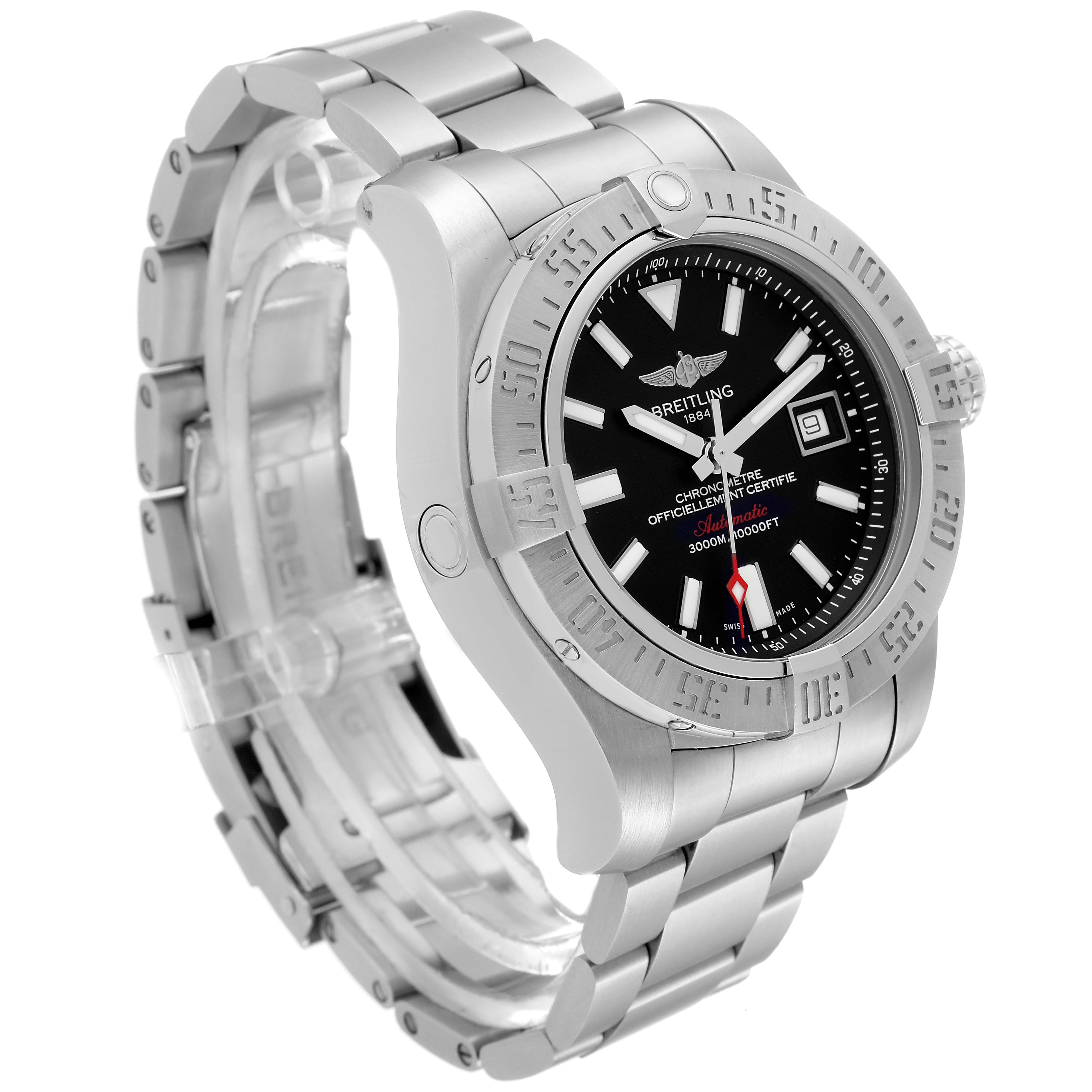 The Breitling Avenger A17331 Men's Stainless Steel Black Dial A17331 Men's Stainless Steel Black Dial watch is shown at a three-quarter view angle, highlighting the face, bezel, and metal bracelet.