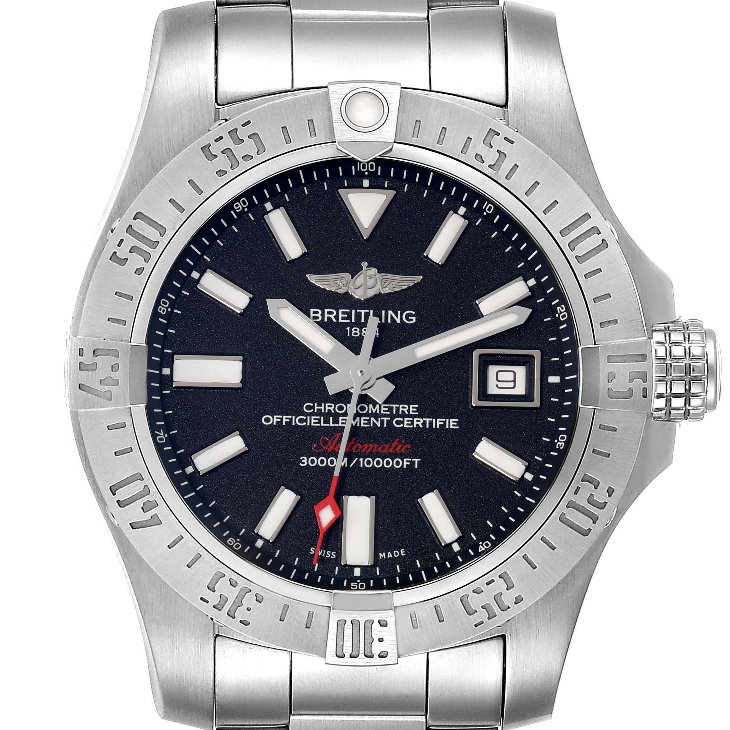 The image shows a front view of the Breitling Avenger A17331 Men's Stainless Steel Black Dial A17331 Men's Stainless Steel Black Dial watch, displaying the dial, bezel, and part of the stainless steel bracelet.